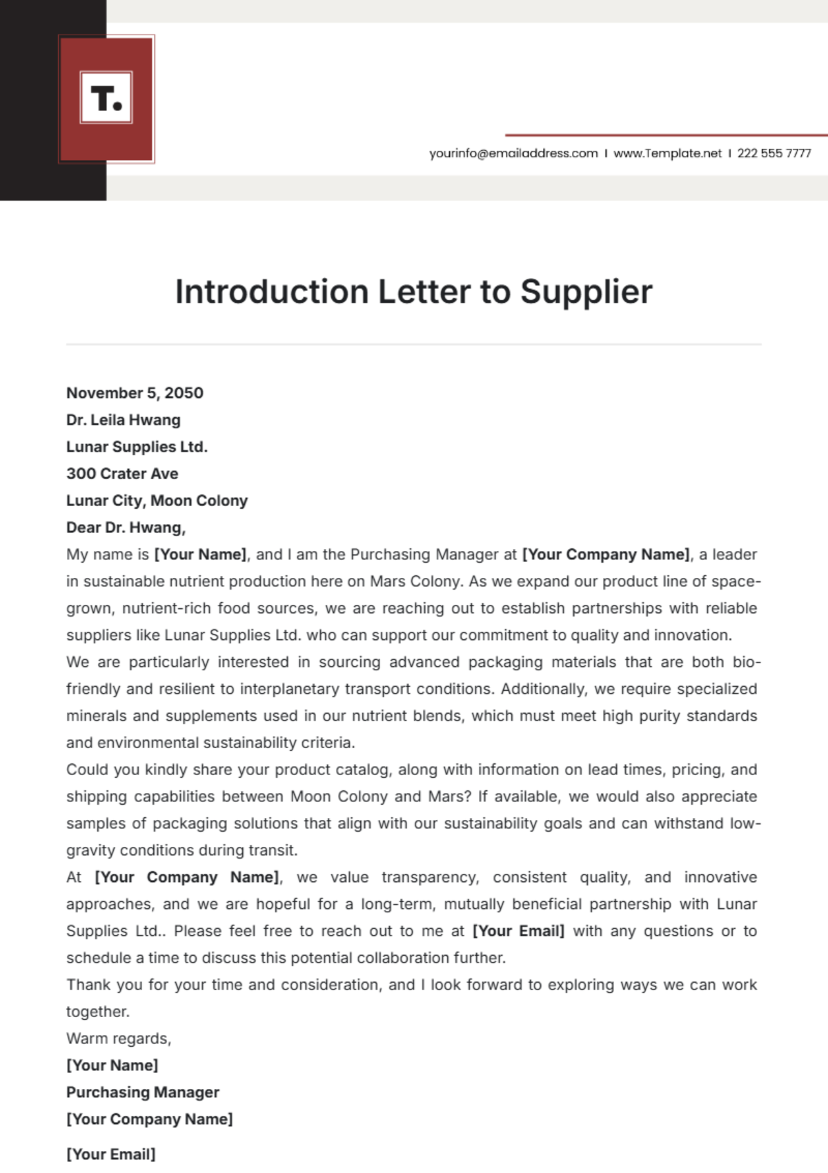 Introduction Letter to Supplier Template