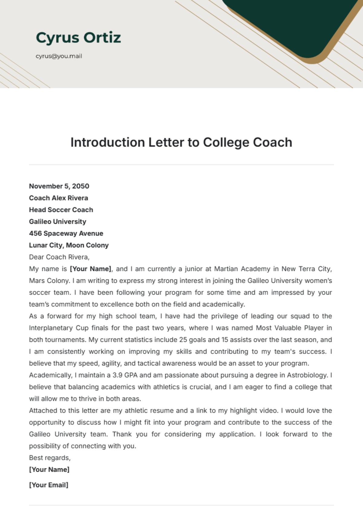 Introduction Letter to College Coach Template