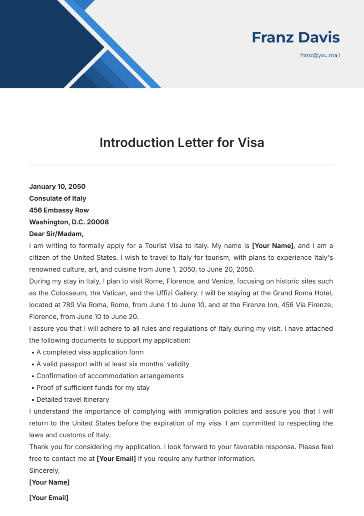 Introduction Letter for Visa Template