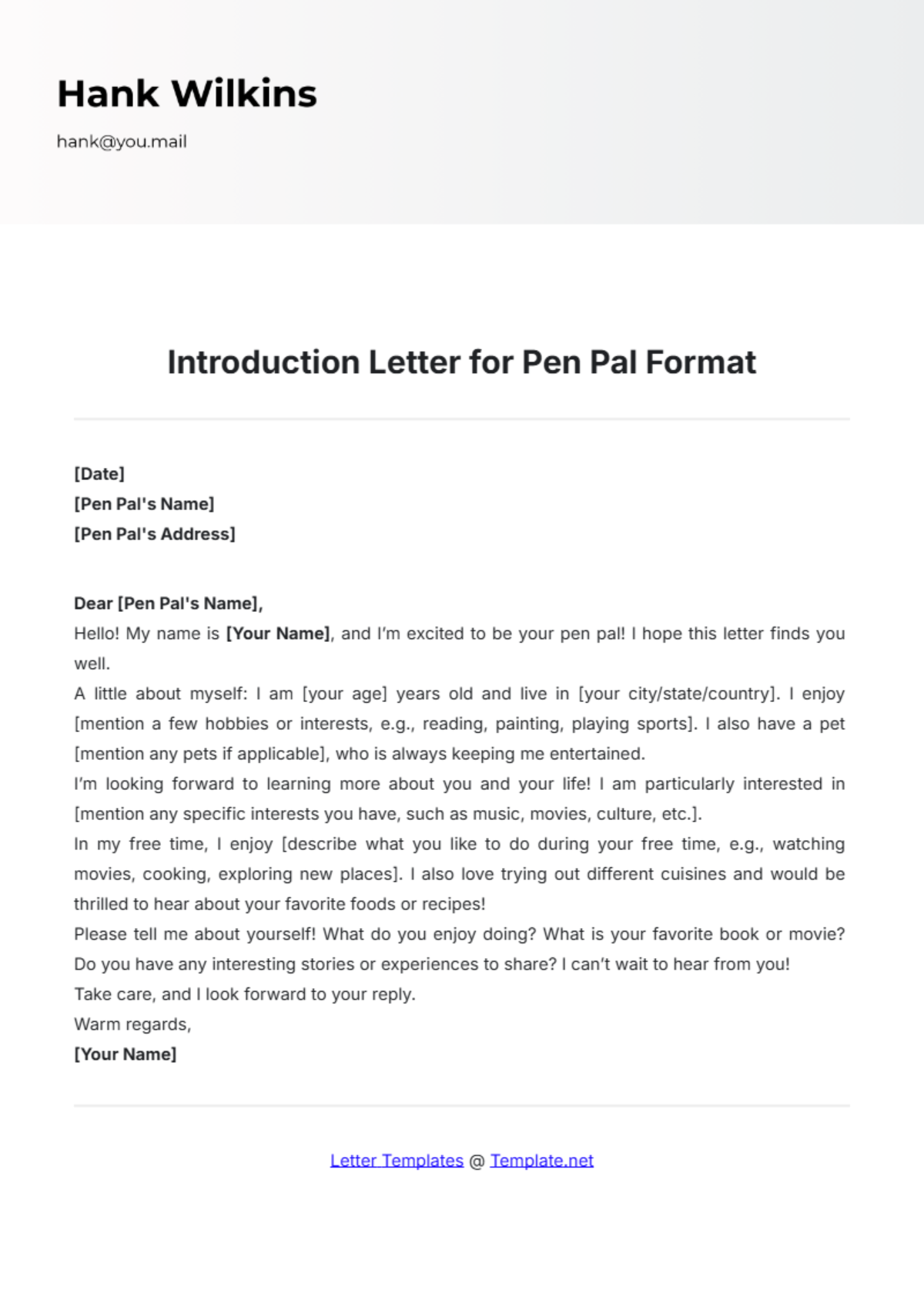 Introduction Letter for Pen Pal Format Template