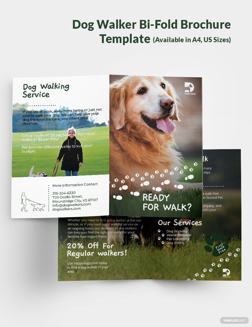 Dog Walker Bi-Fold Brochure Template in Word, Google Docs, Illustrator, PSD, Apple Pages, Publisher, InDesign