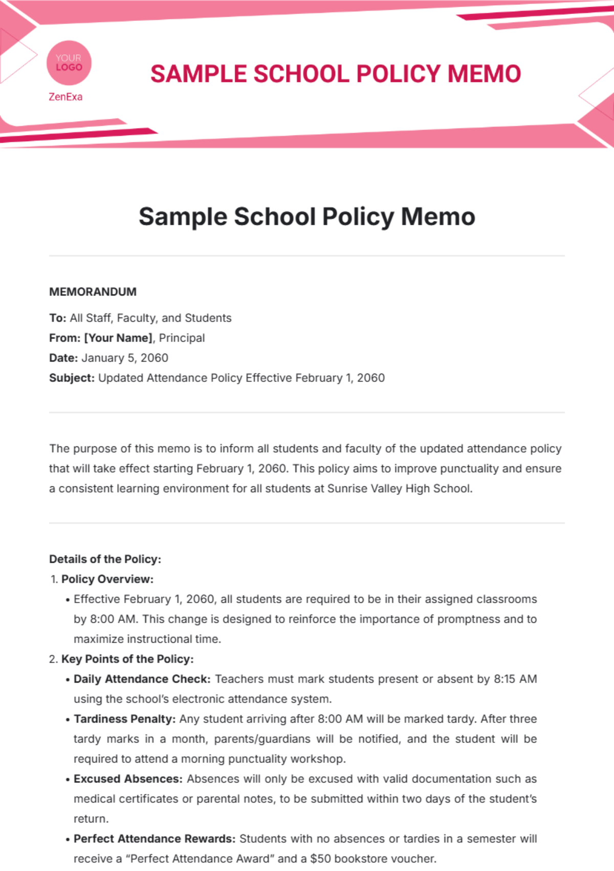 Sample School Policy Memo Template