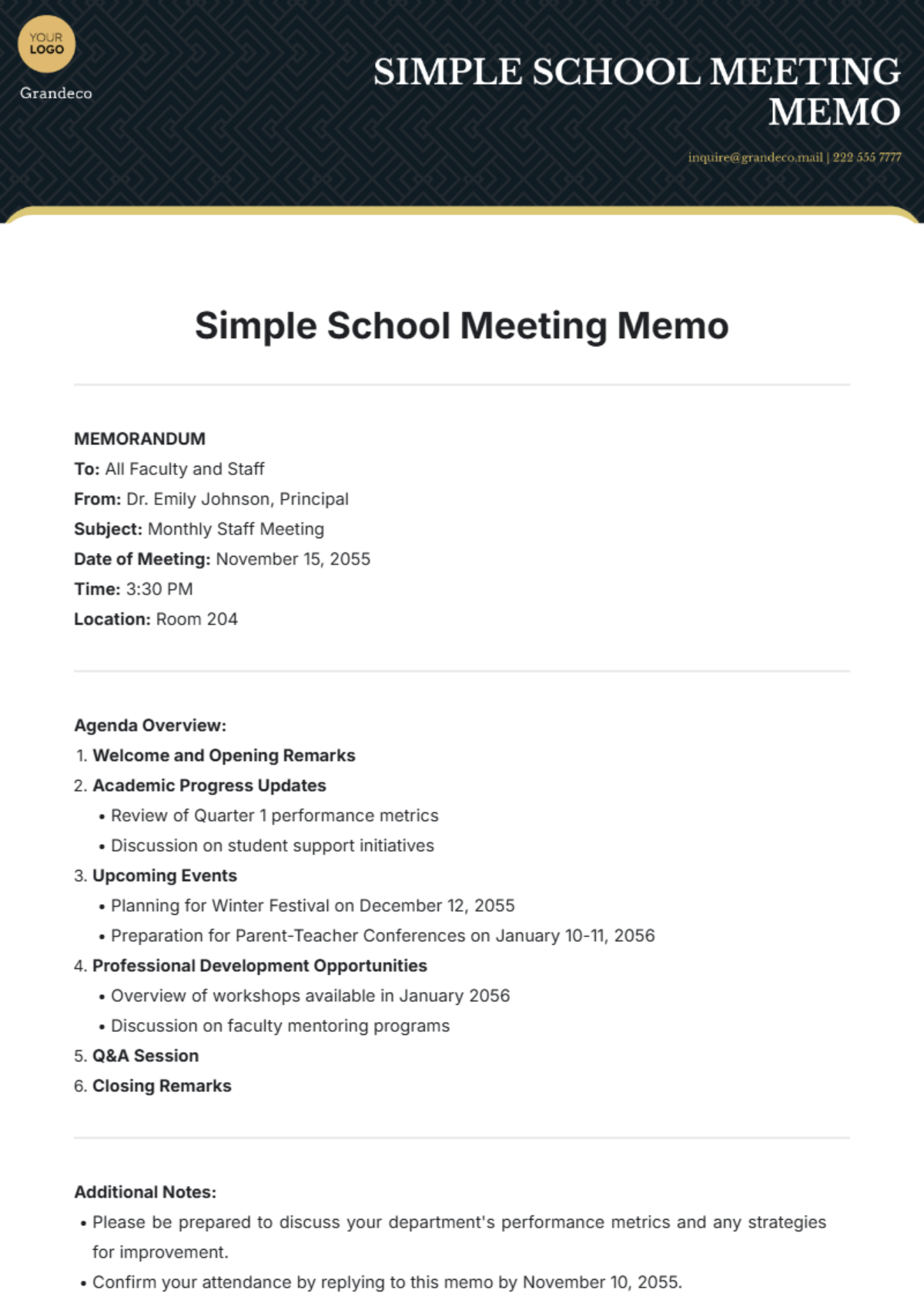 Simple School Meeting Memo Template