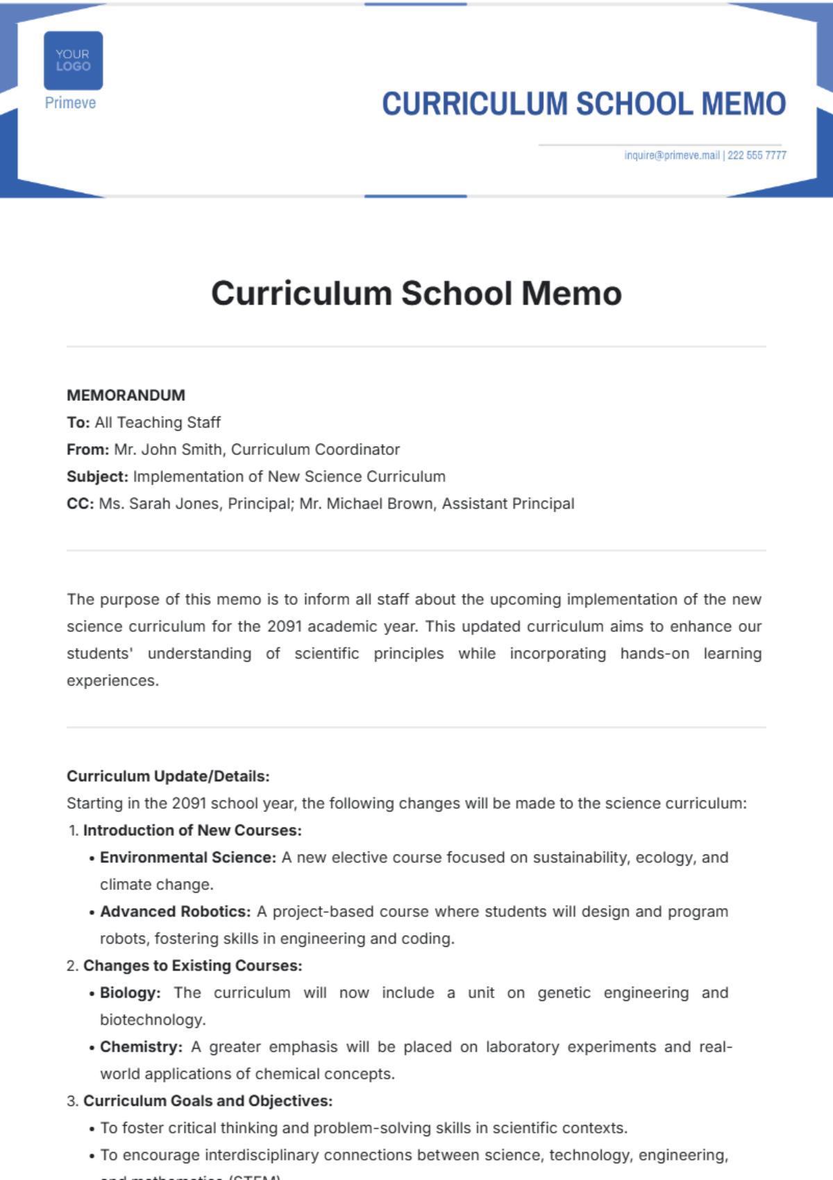 Curriculum School Memo Template