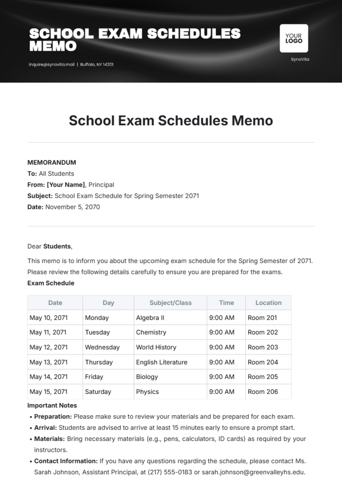 School Exam Schedules Memo Template