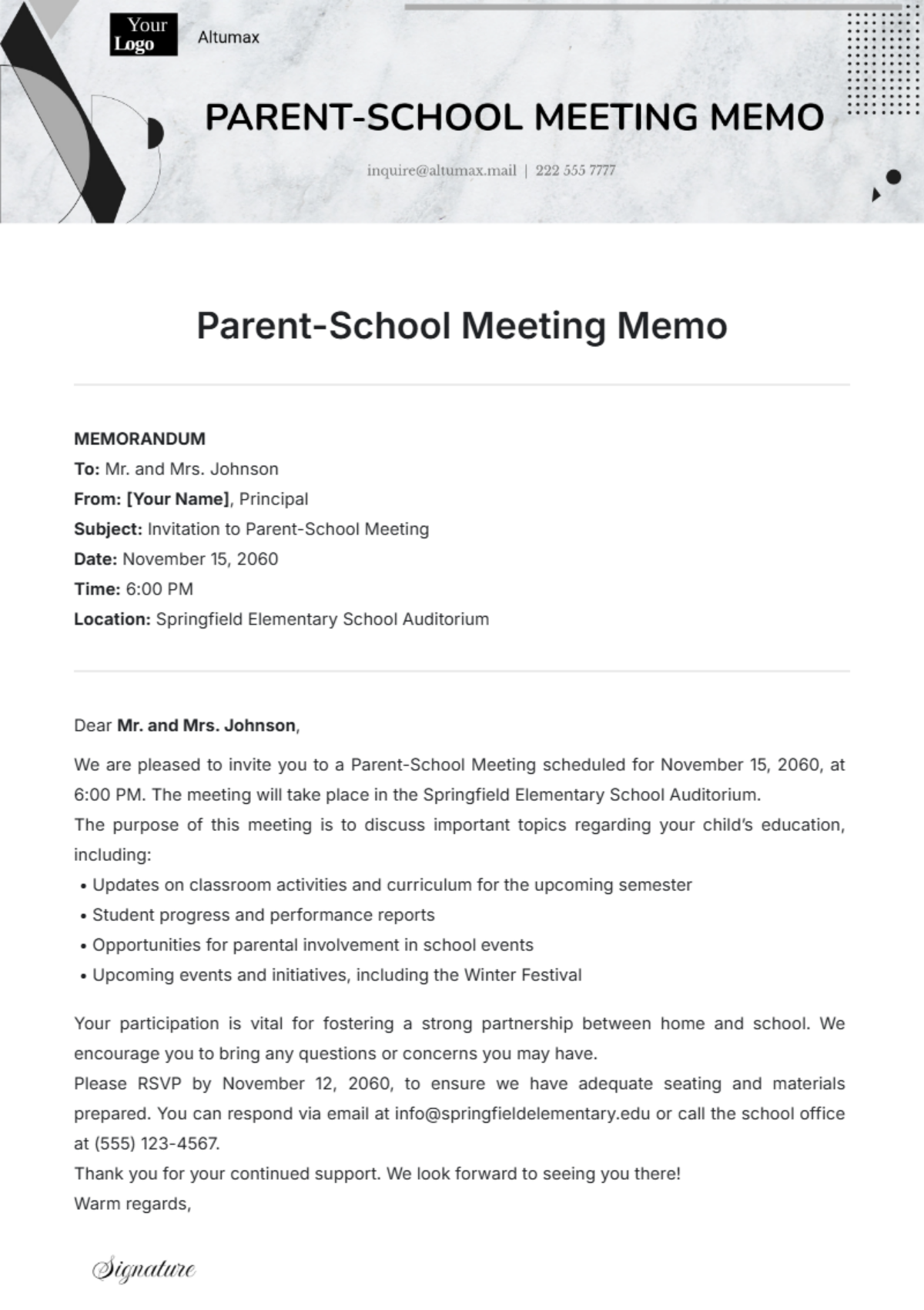 Parent-School Meeting Memo Template