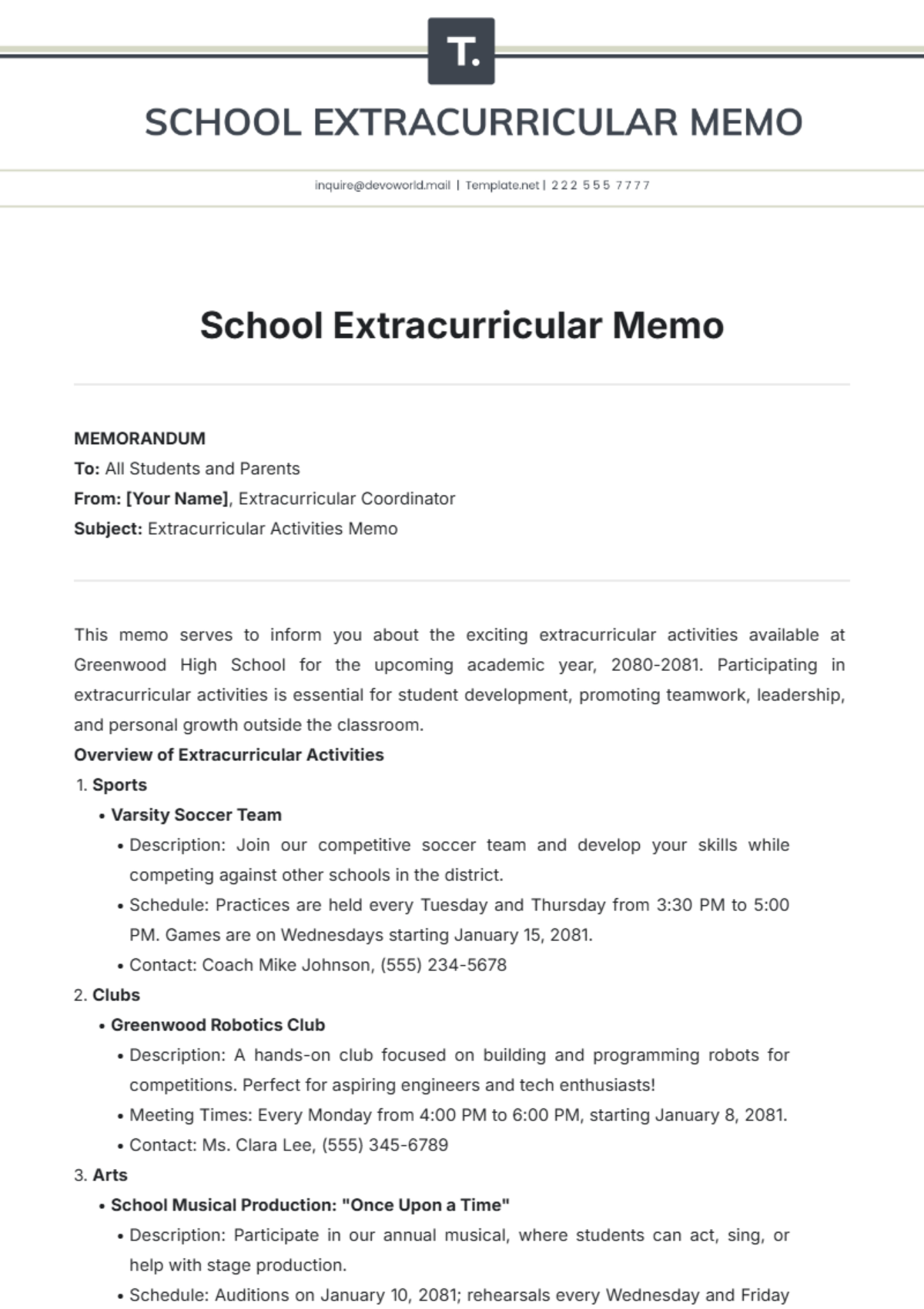 School Extracurricular Memo Template