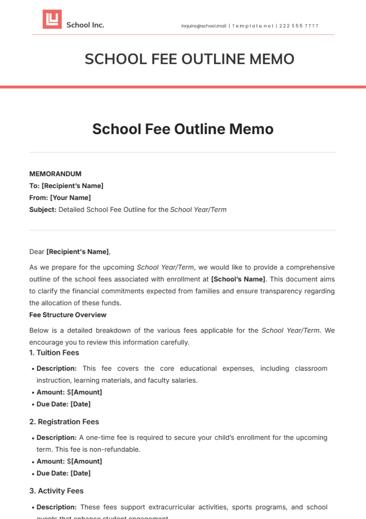 School Fee Outline Memo Template