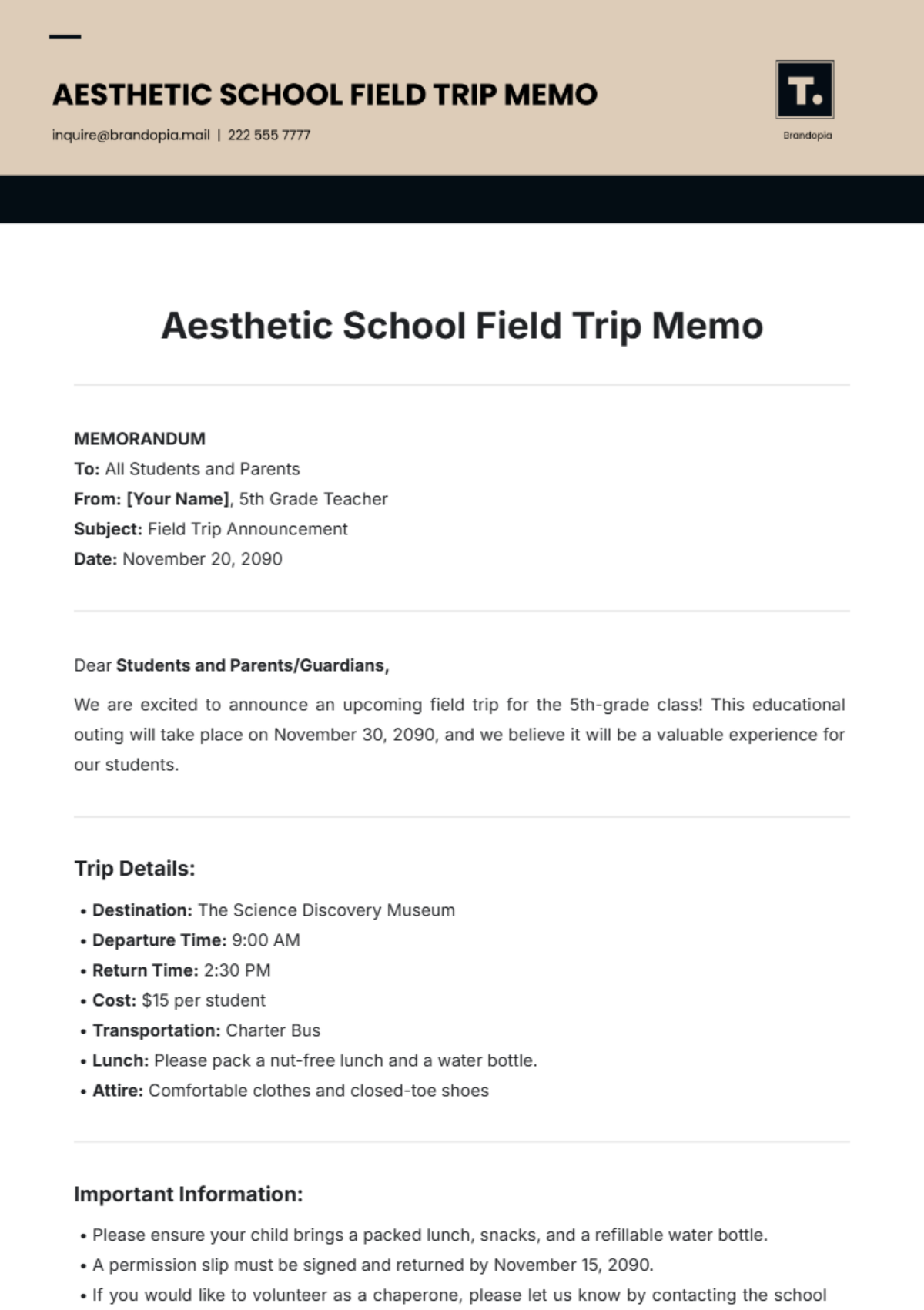 Aesthetic School Field Trip Memo Template