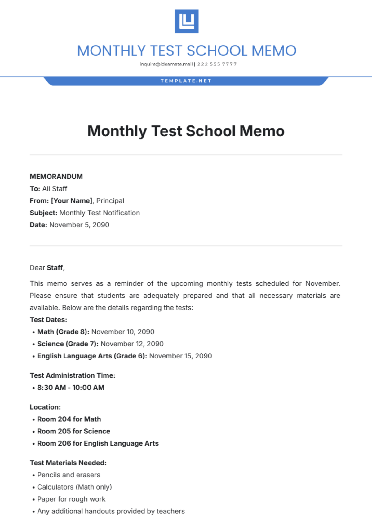 Monthly Test School Memo Template