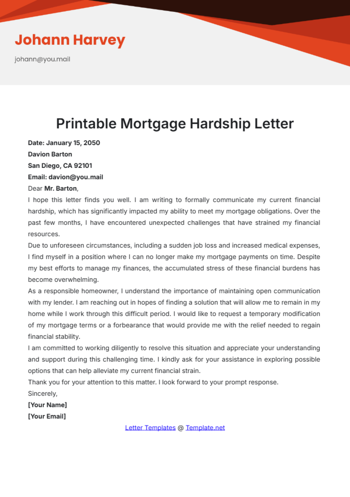 Printable Mortgage Hardship Letter Template