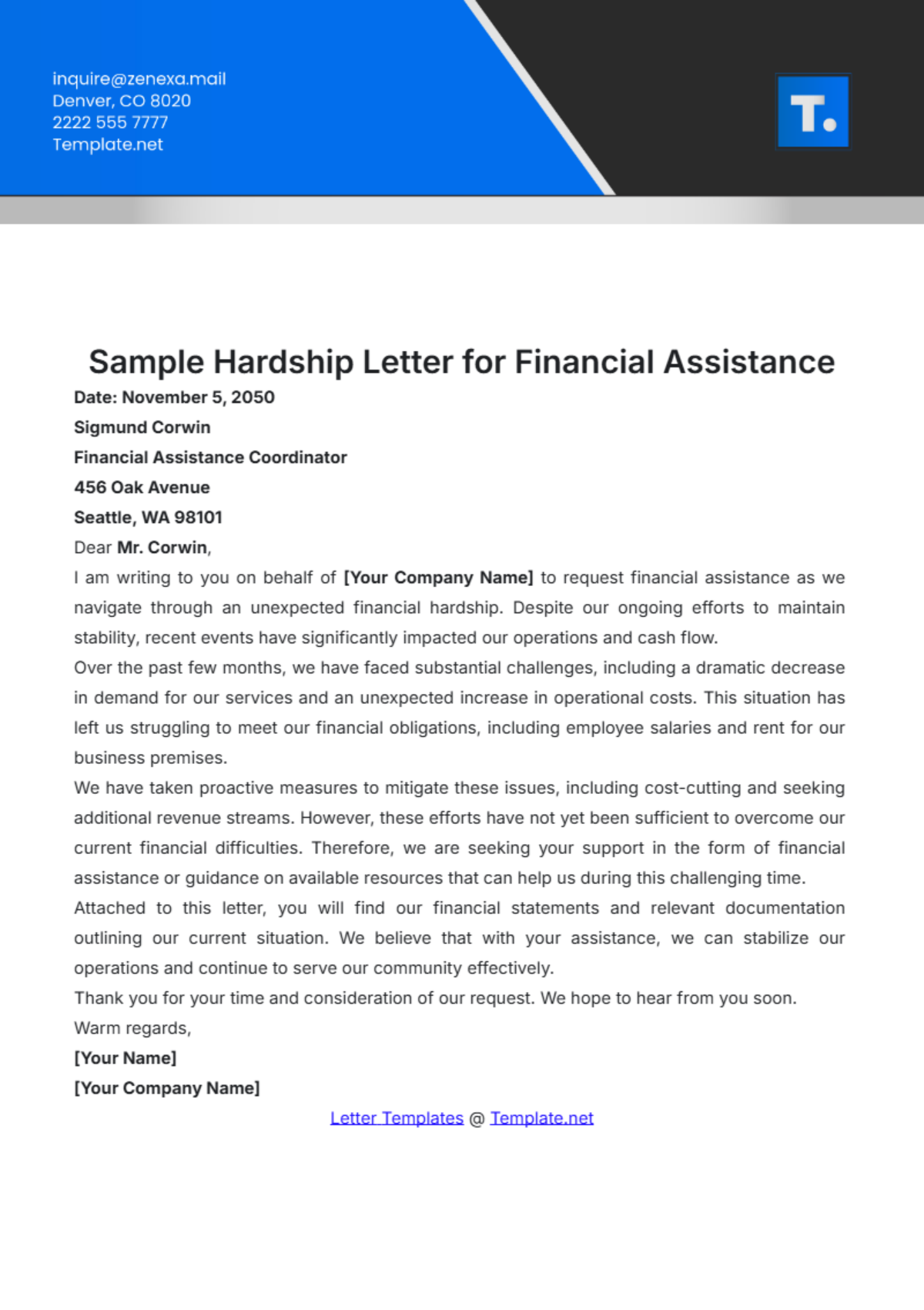 Sample Hardship Letter for Financial Assistance Template