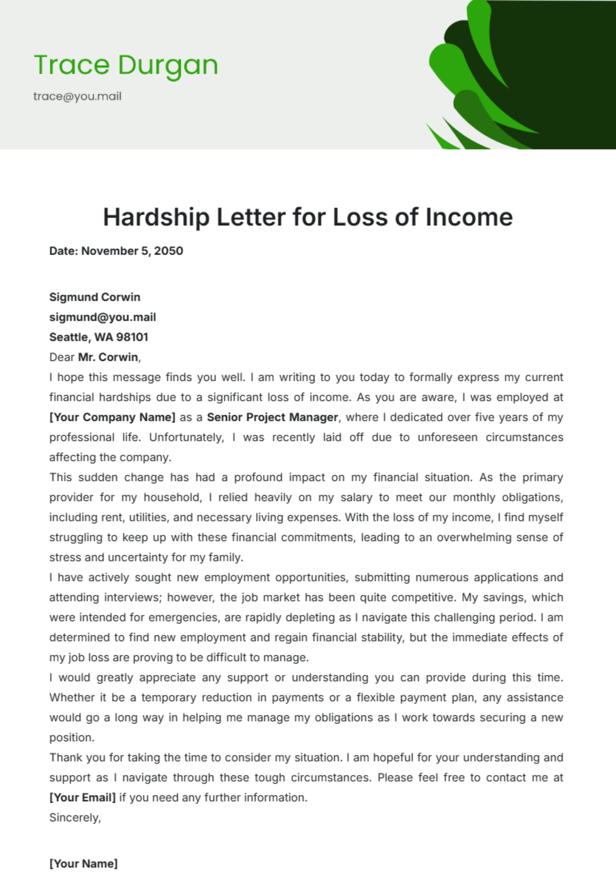 Hardship Letter for Loss of Income Template