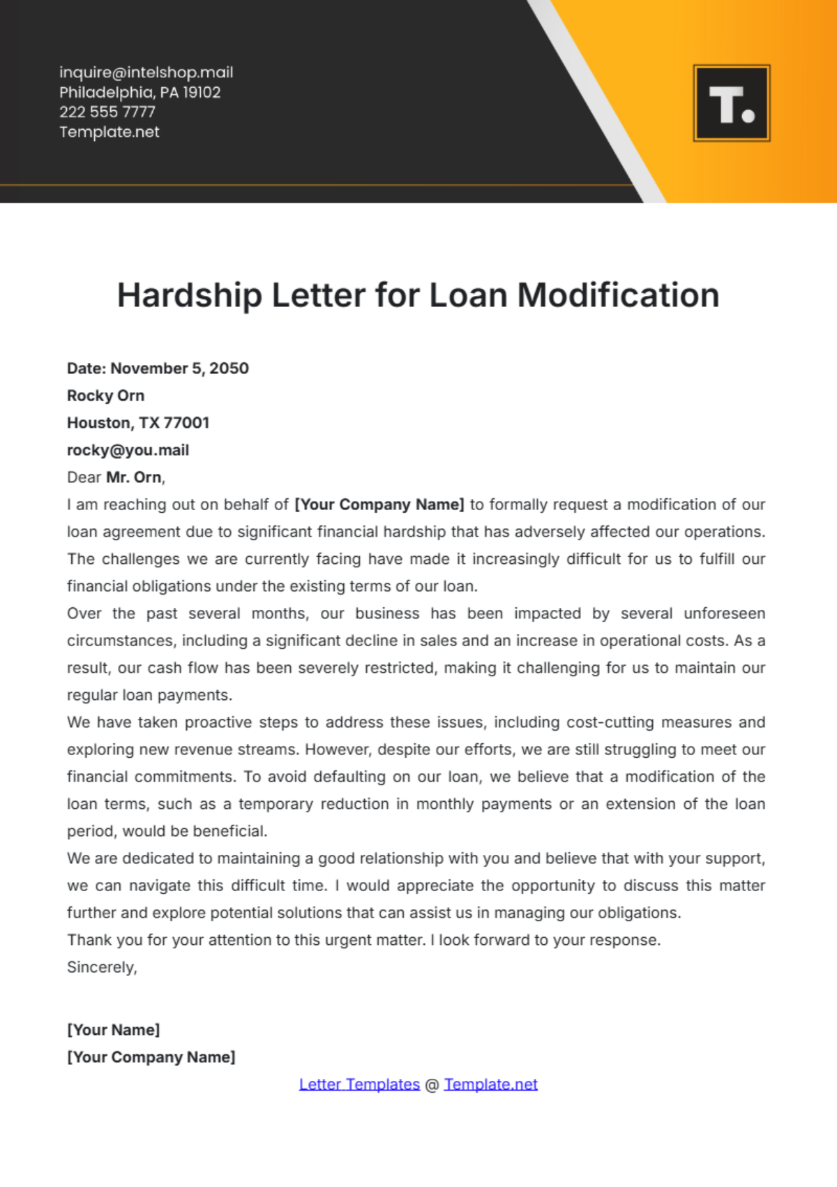 Hardship Letter for Loan Modification Template