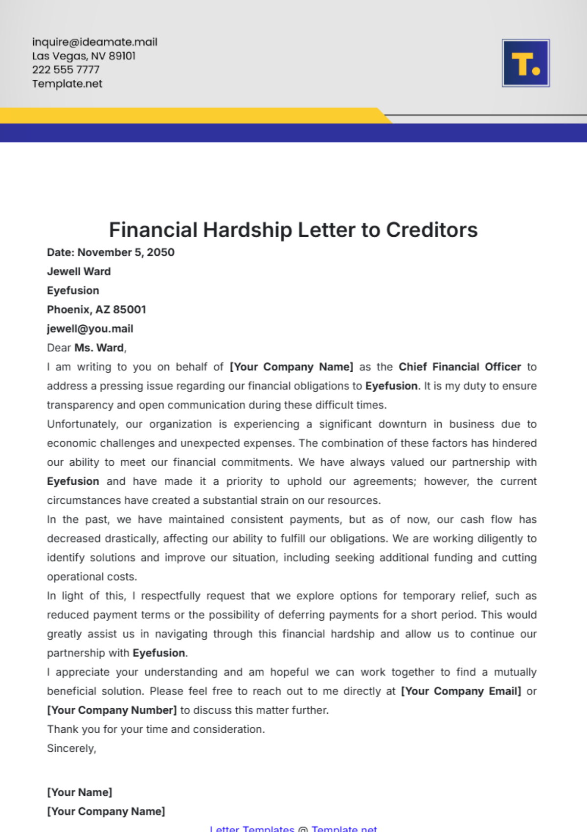 Financial Hardship Letter to Creditors Template