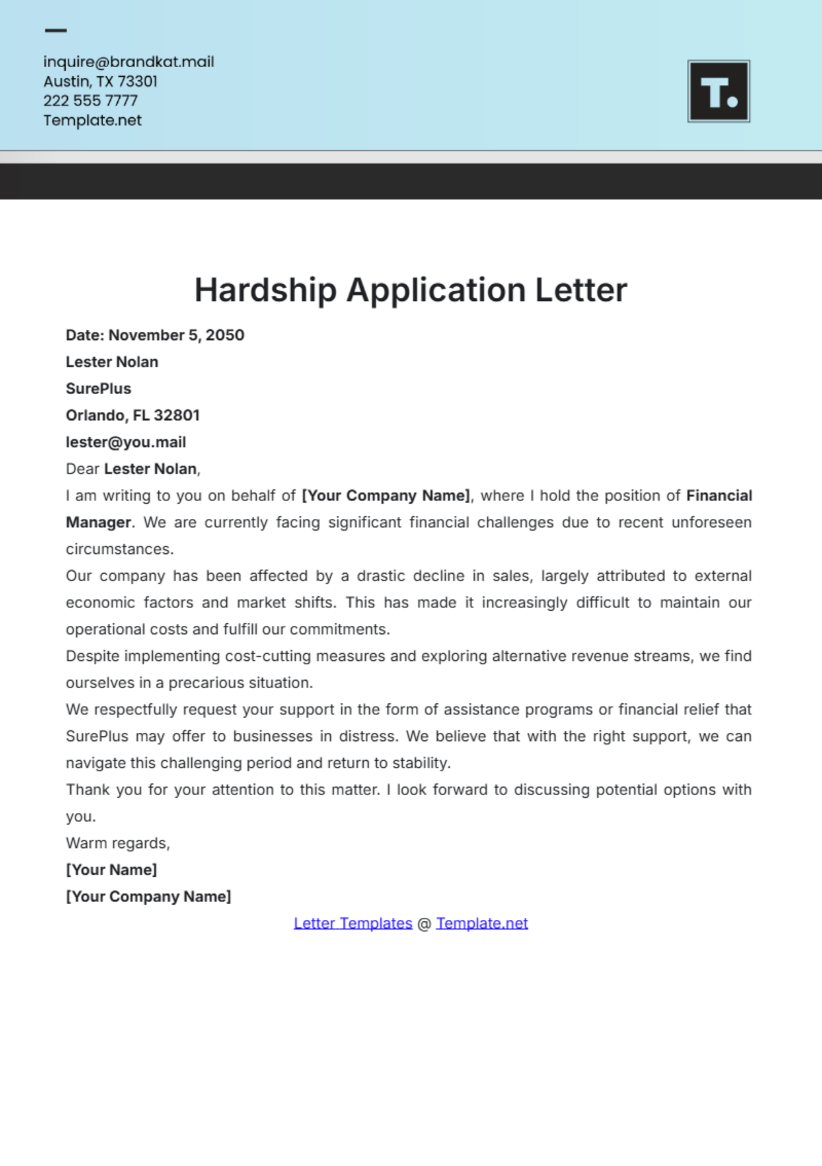 Hardship Application Letter Template