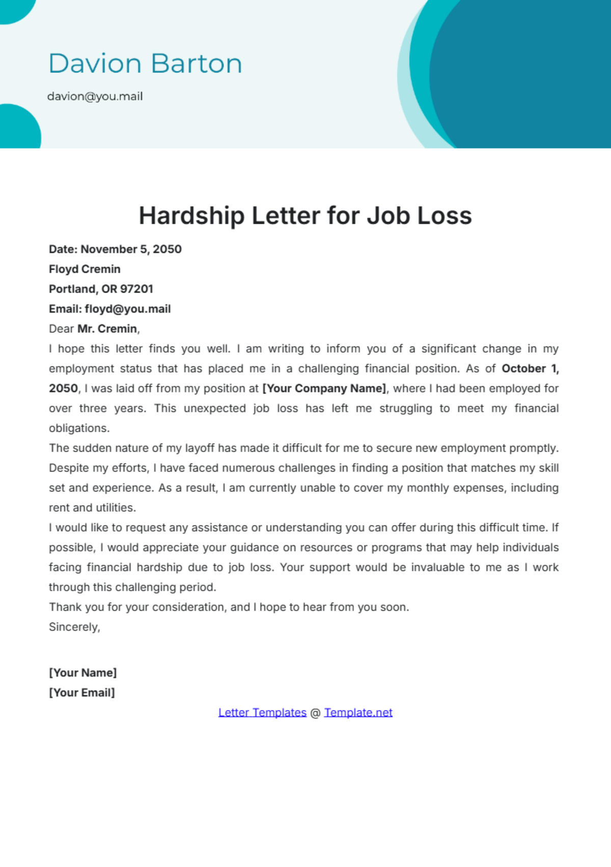 Simple Hardship Letter for Job Loss Template