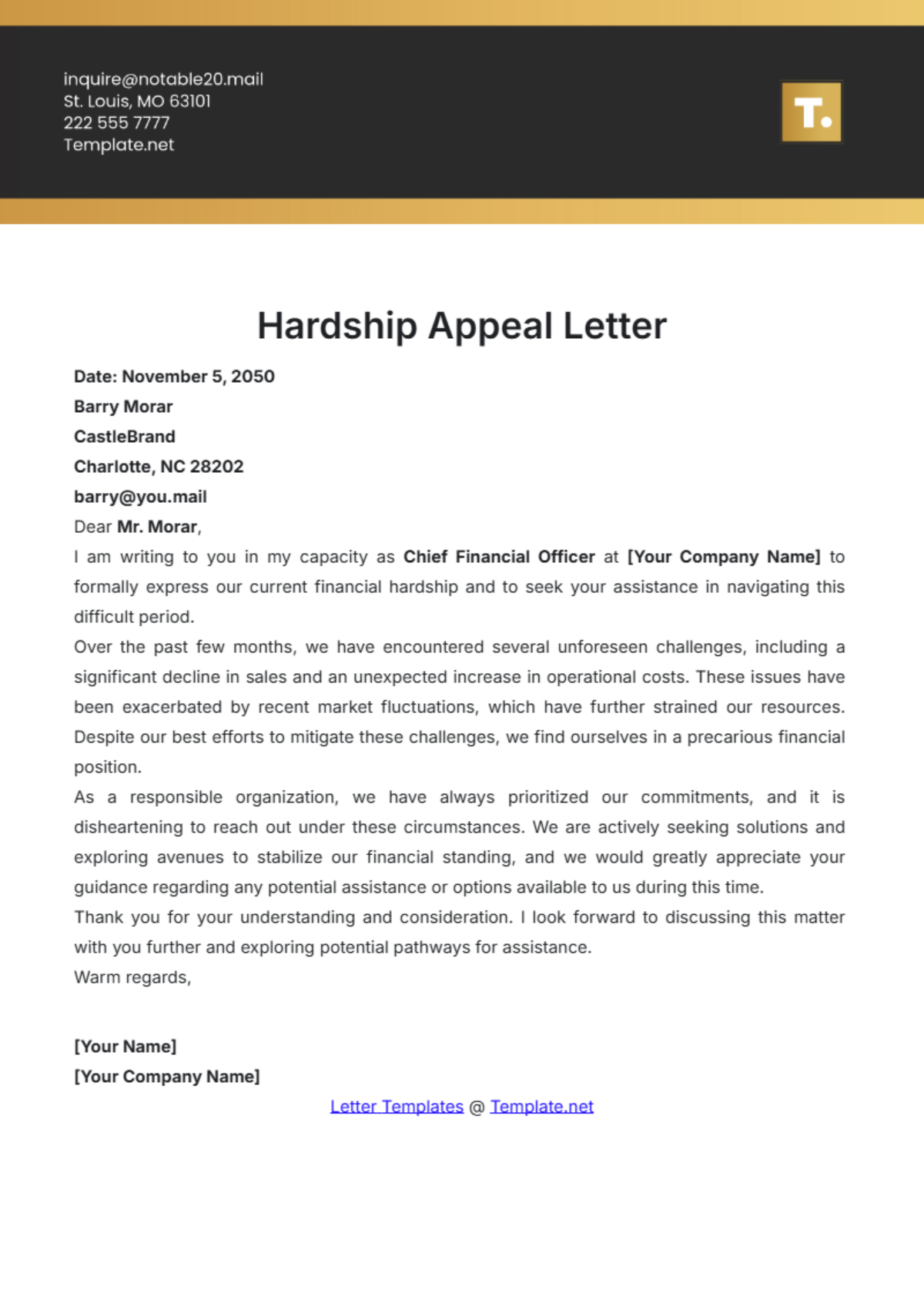 Professional Hardship Appeal Letter Template