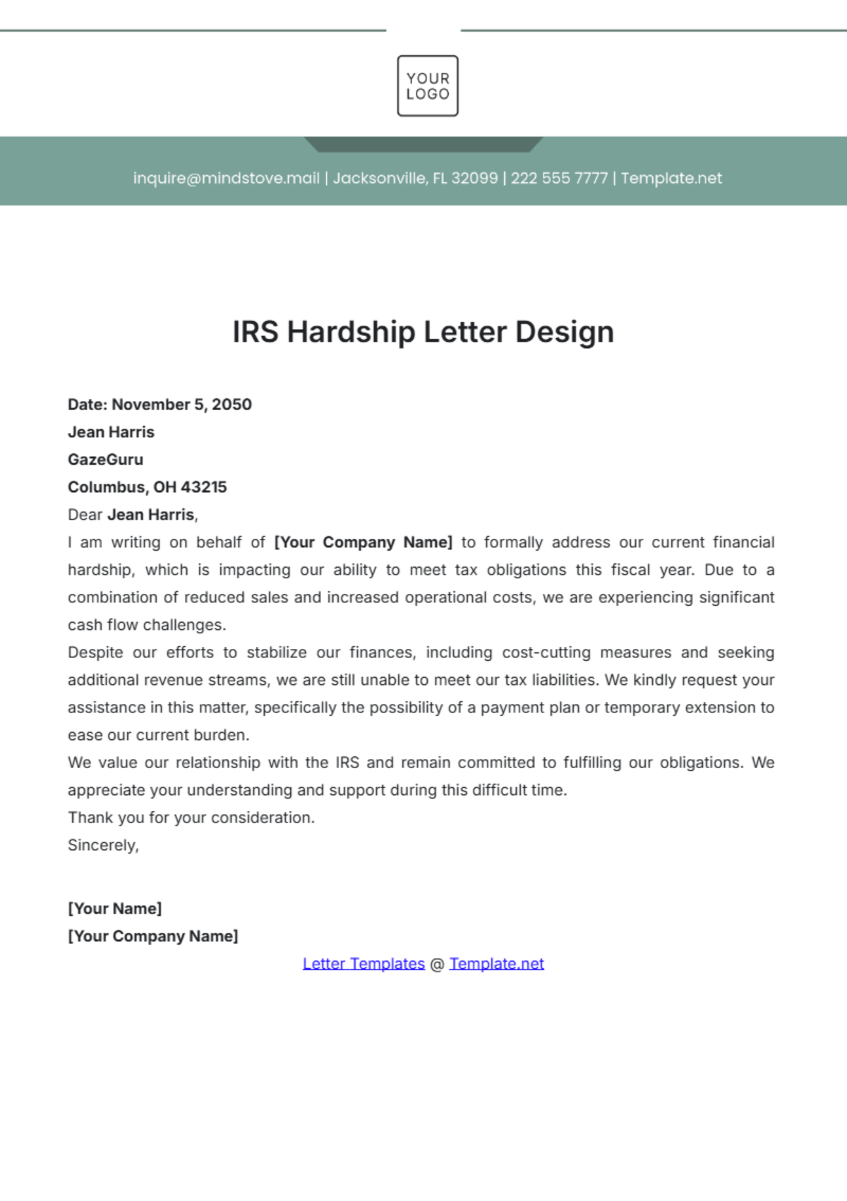 IRS Hardship Letter Design