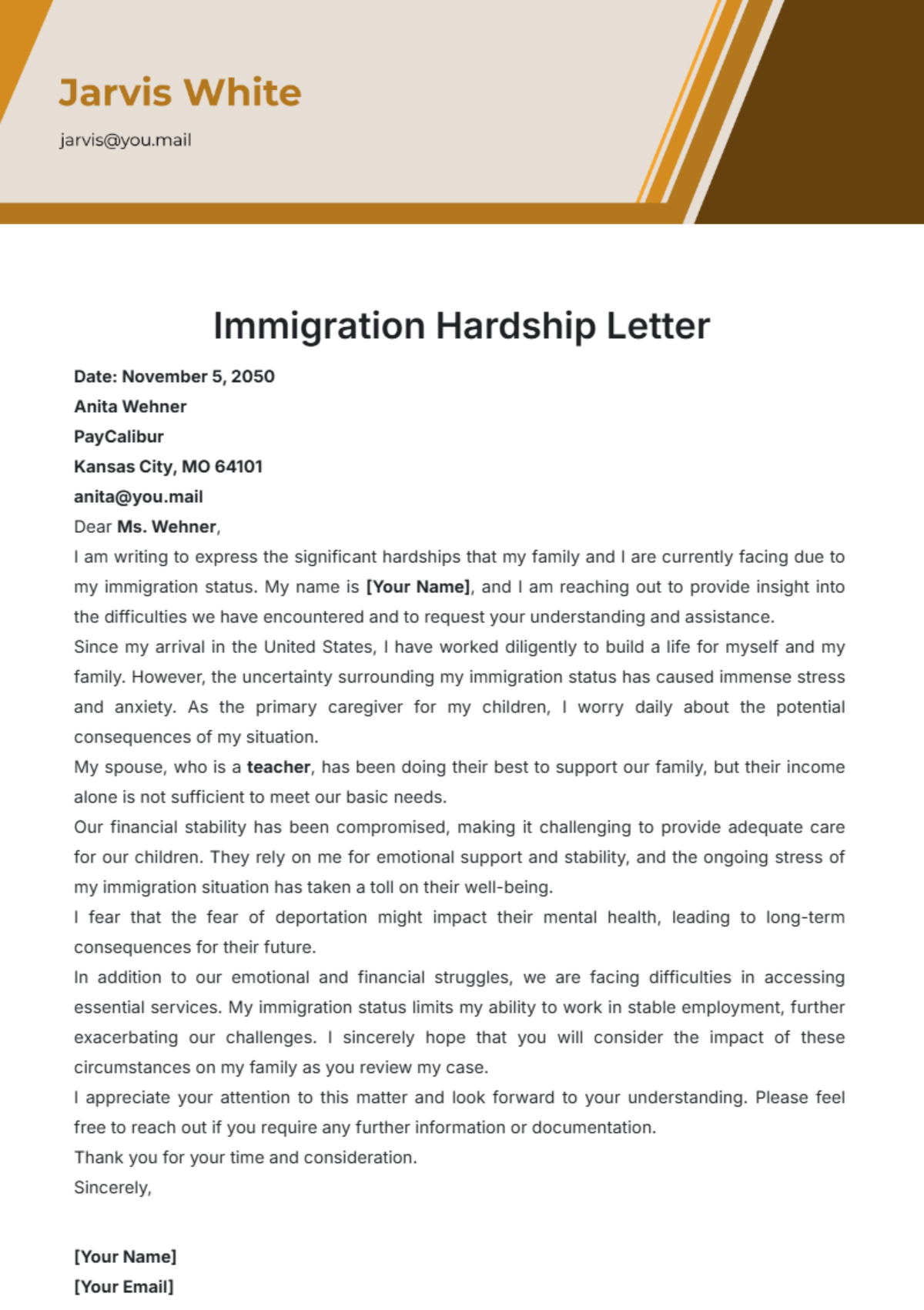 Immigration Hardship Letter Template