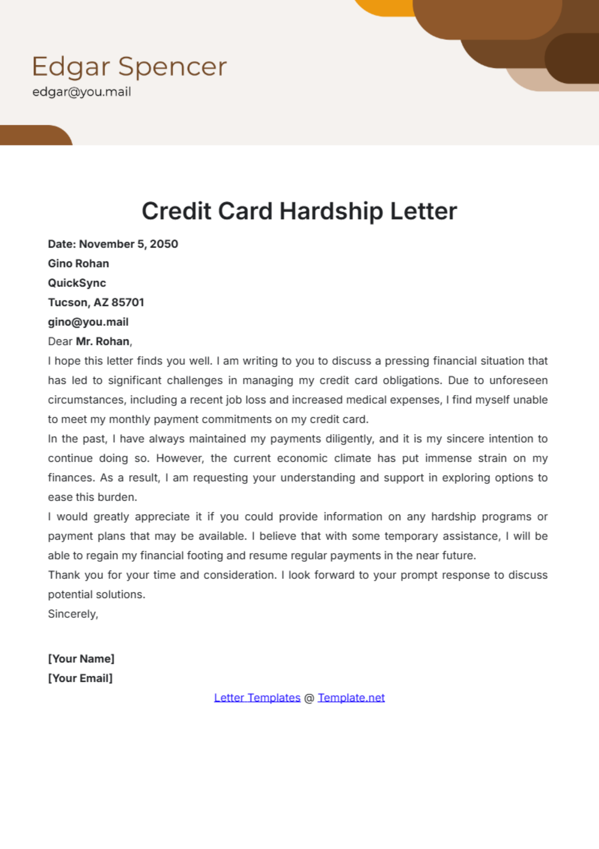 Credit Card Hardship Letter Template