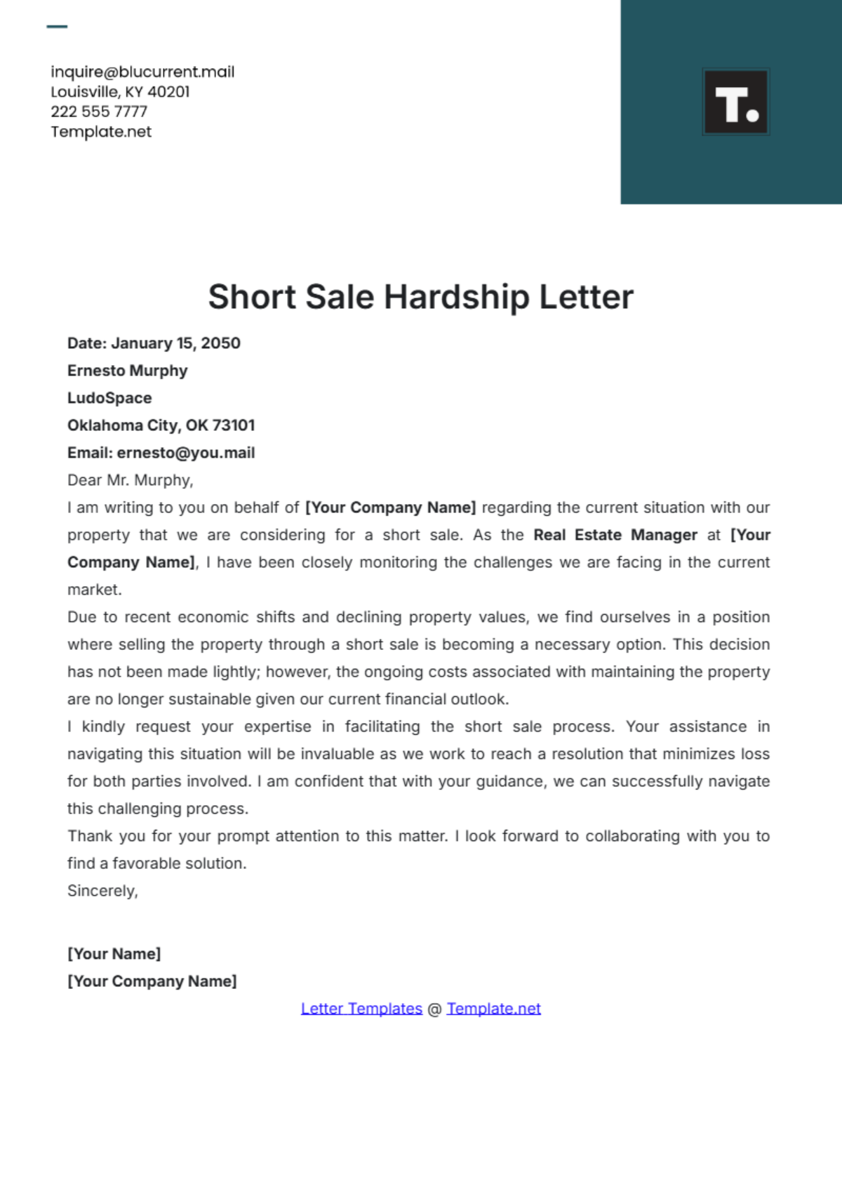 Short Sale Hardship Letter Template