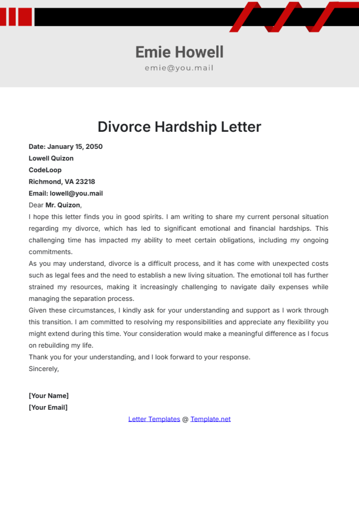 Divorce Hardship Letter Template - Edit Online & Download