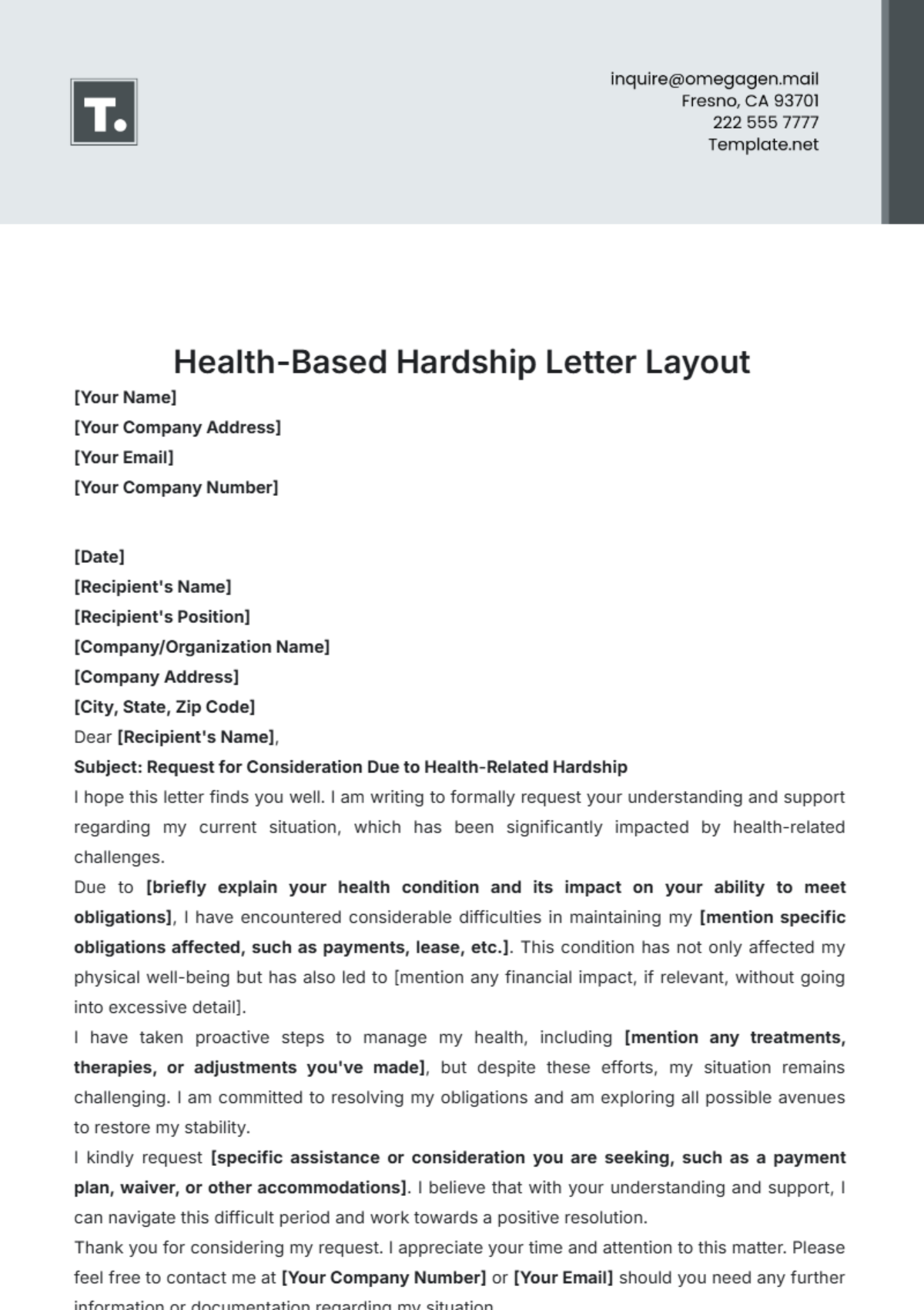 Health-Based Hardship Letter Layout Template - Edit Online & Download