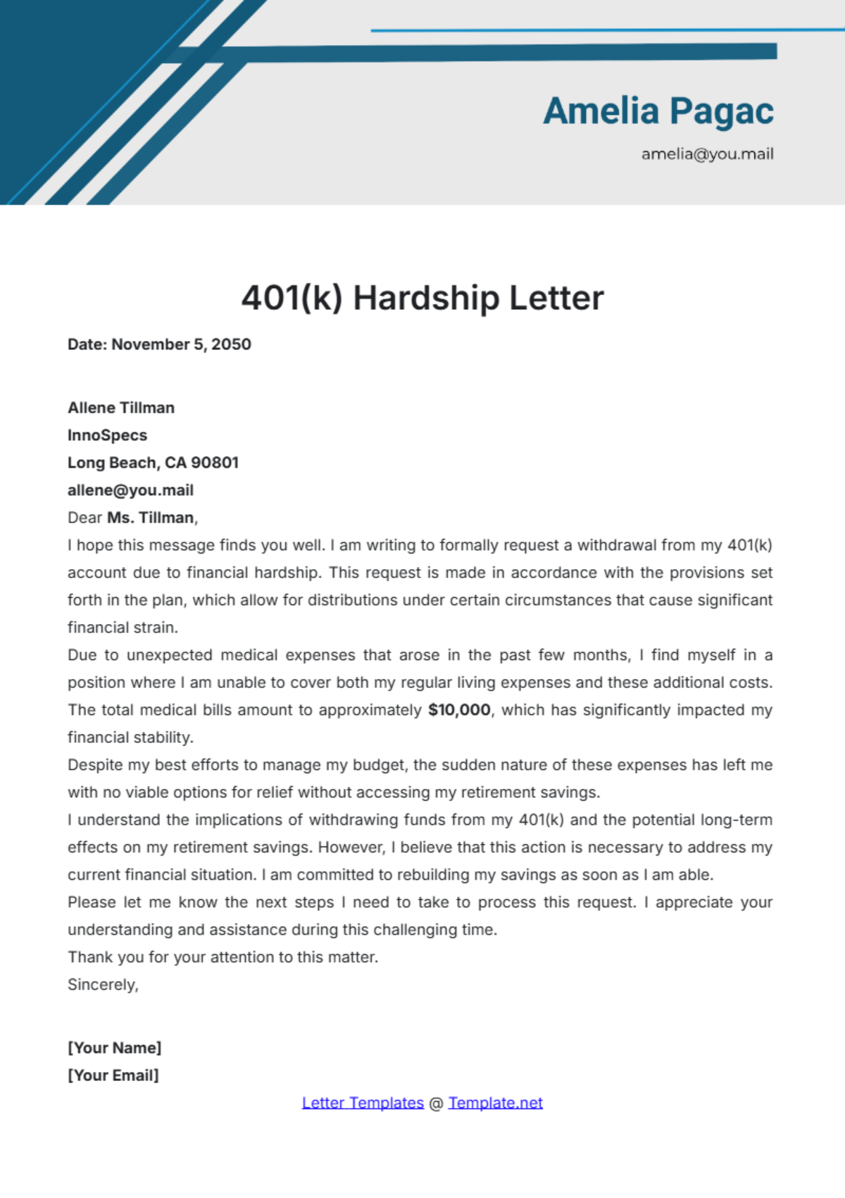 401k Hardship Letter Template - Edit Online & Download