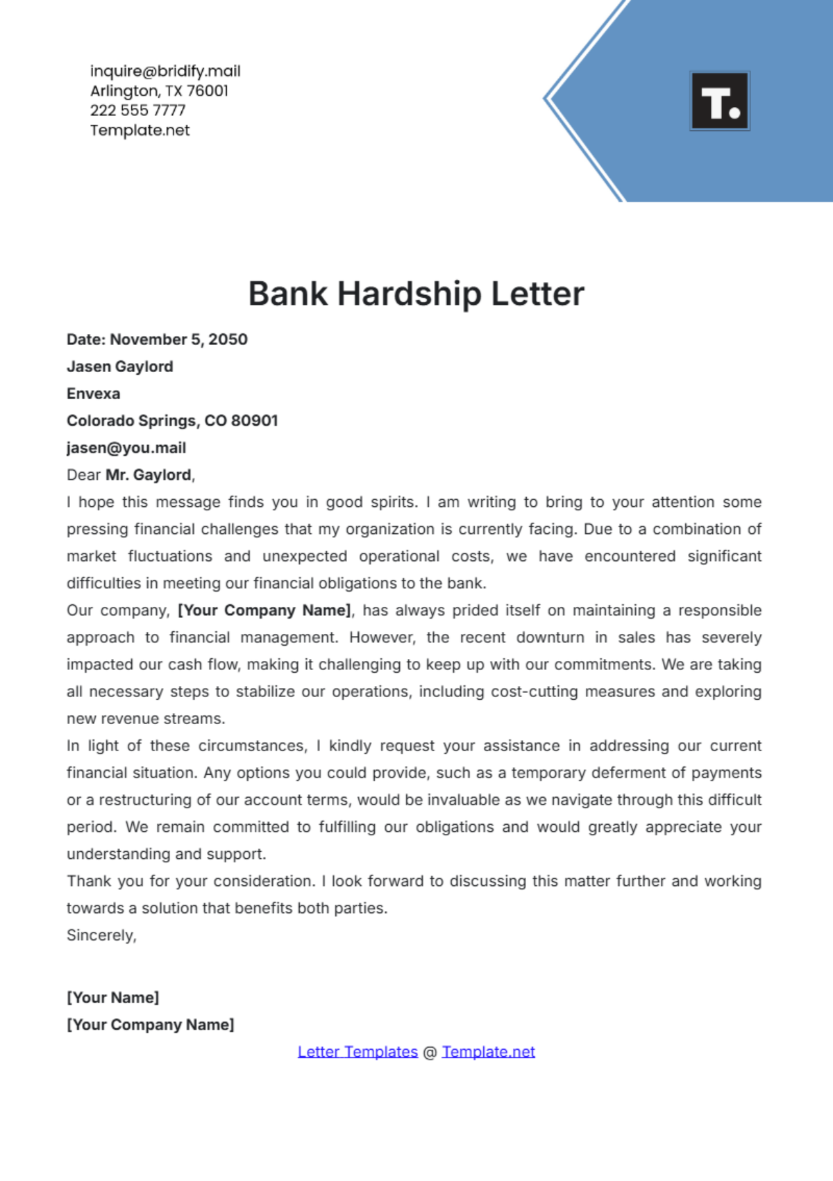 Bank Hardship Letter Template - Edit Online & Download