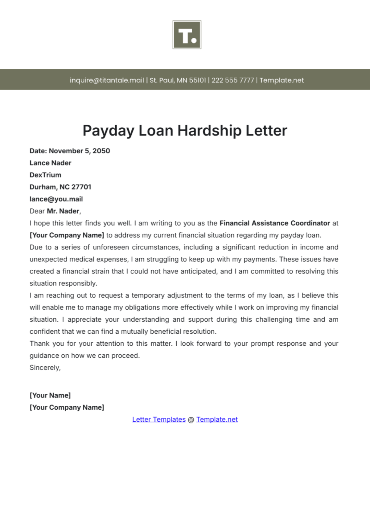 Payday Loan Hardship Letter Template - Edit Online & Download