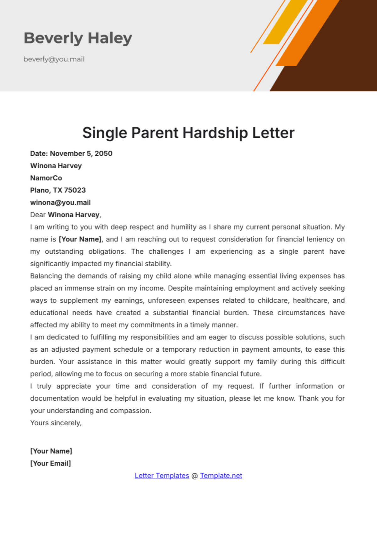 Single Parent Hardship Letter Template - Edit Online & Download