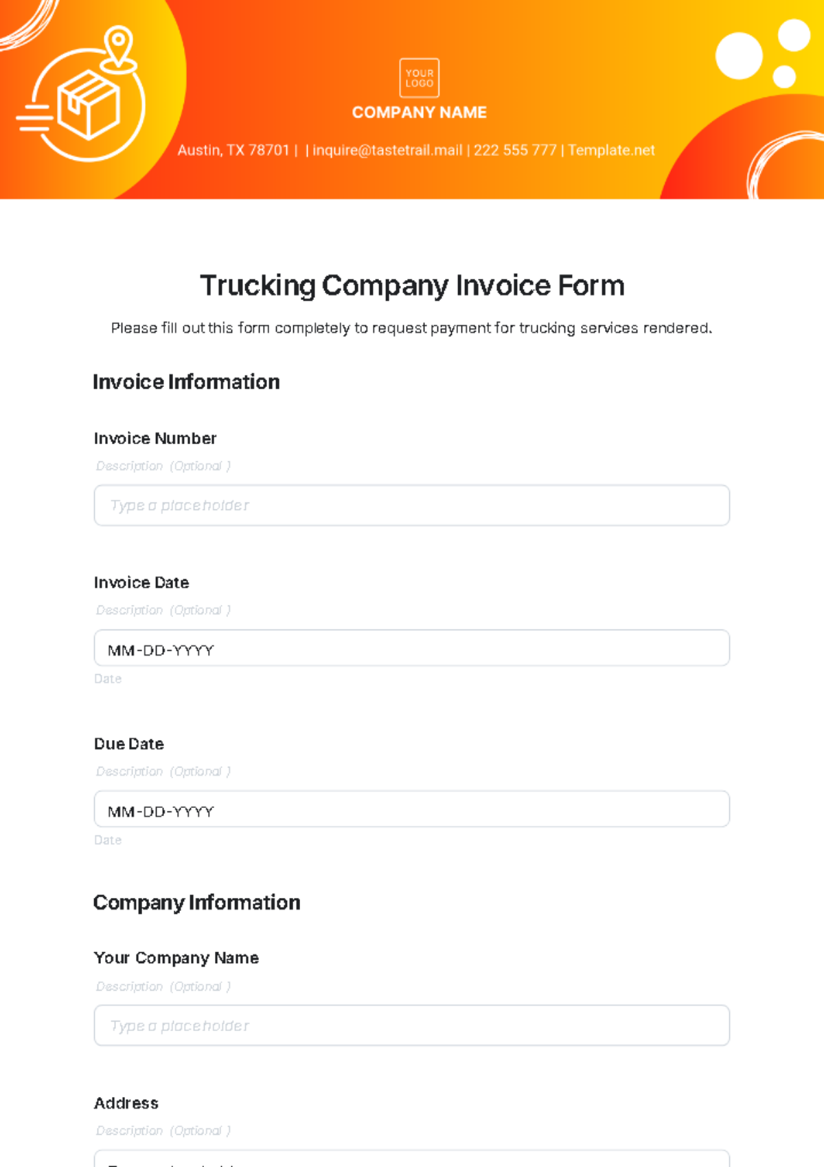 Trucking Company Invoice Form Template - Edit Online & Download