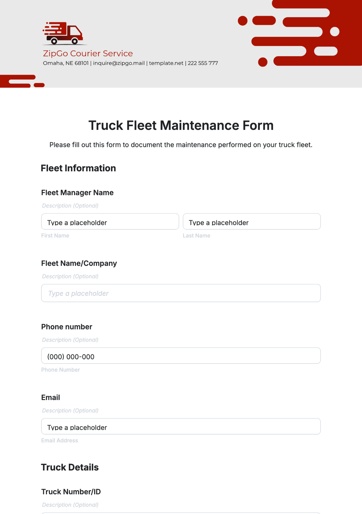 Truck Fleet Maintenance Form Template - Edit Online & Download