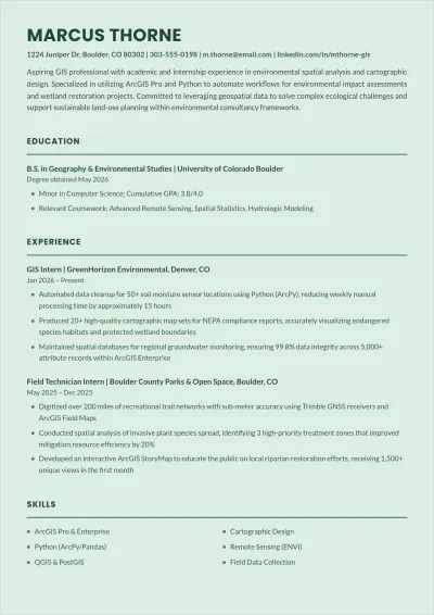 Free Sample Intern GIS ATS Resume Template, AI Resume Builder