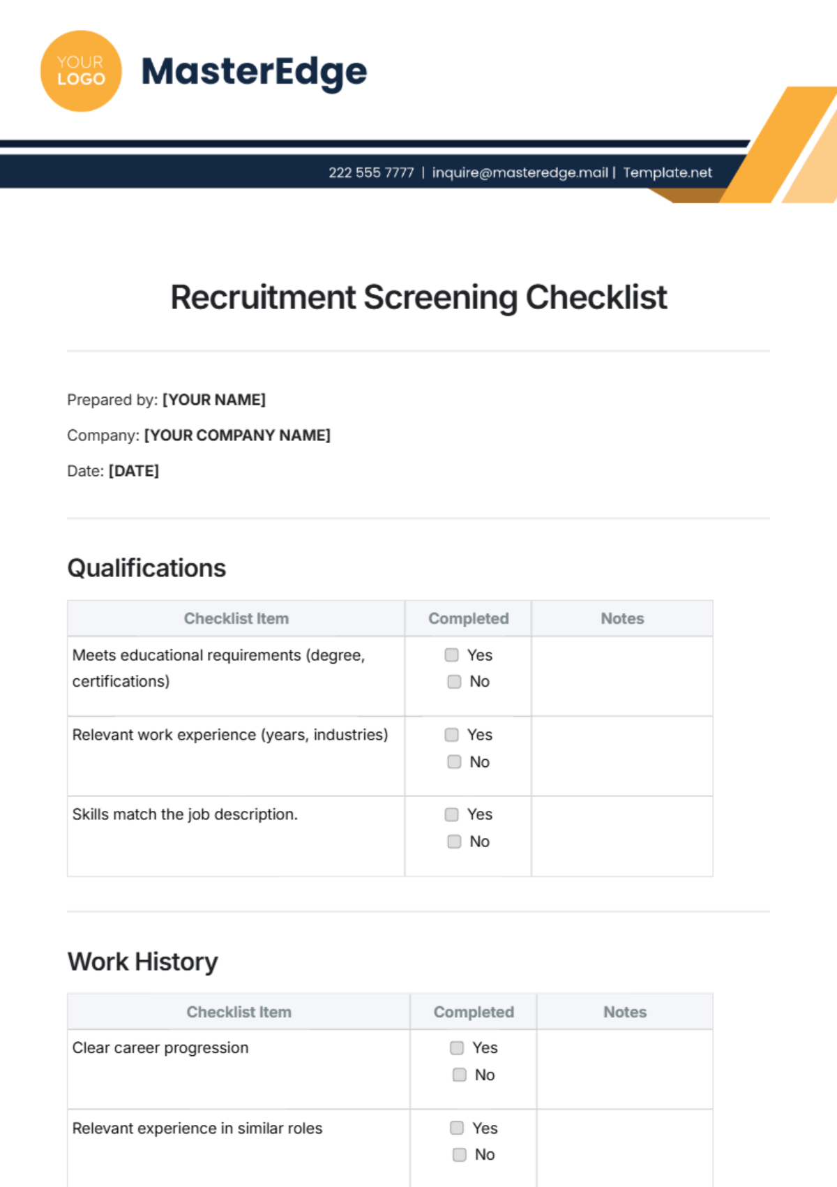 Recruitment Screening Checklist Template