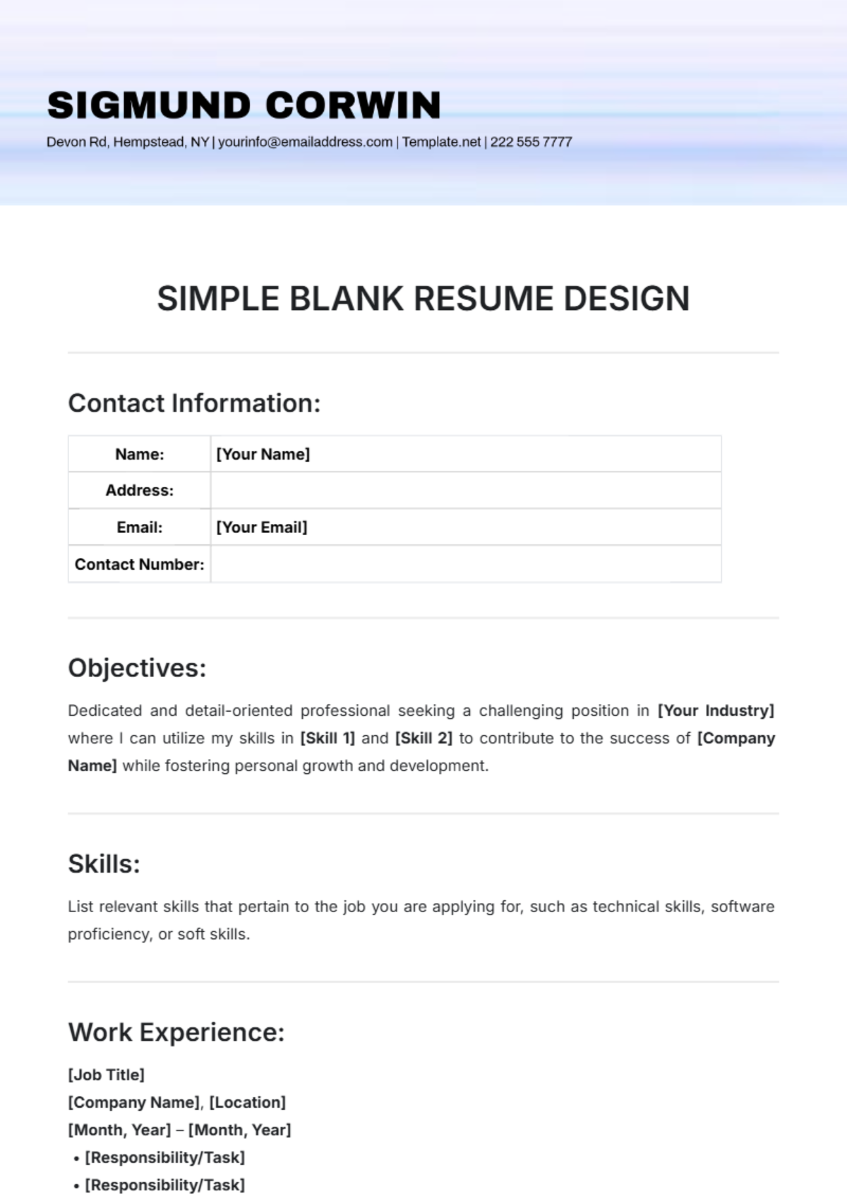 Simple Blank Resume Design Template