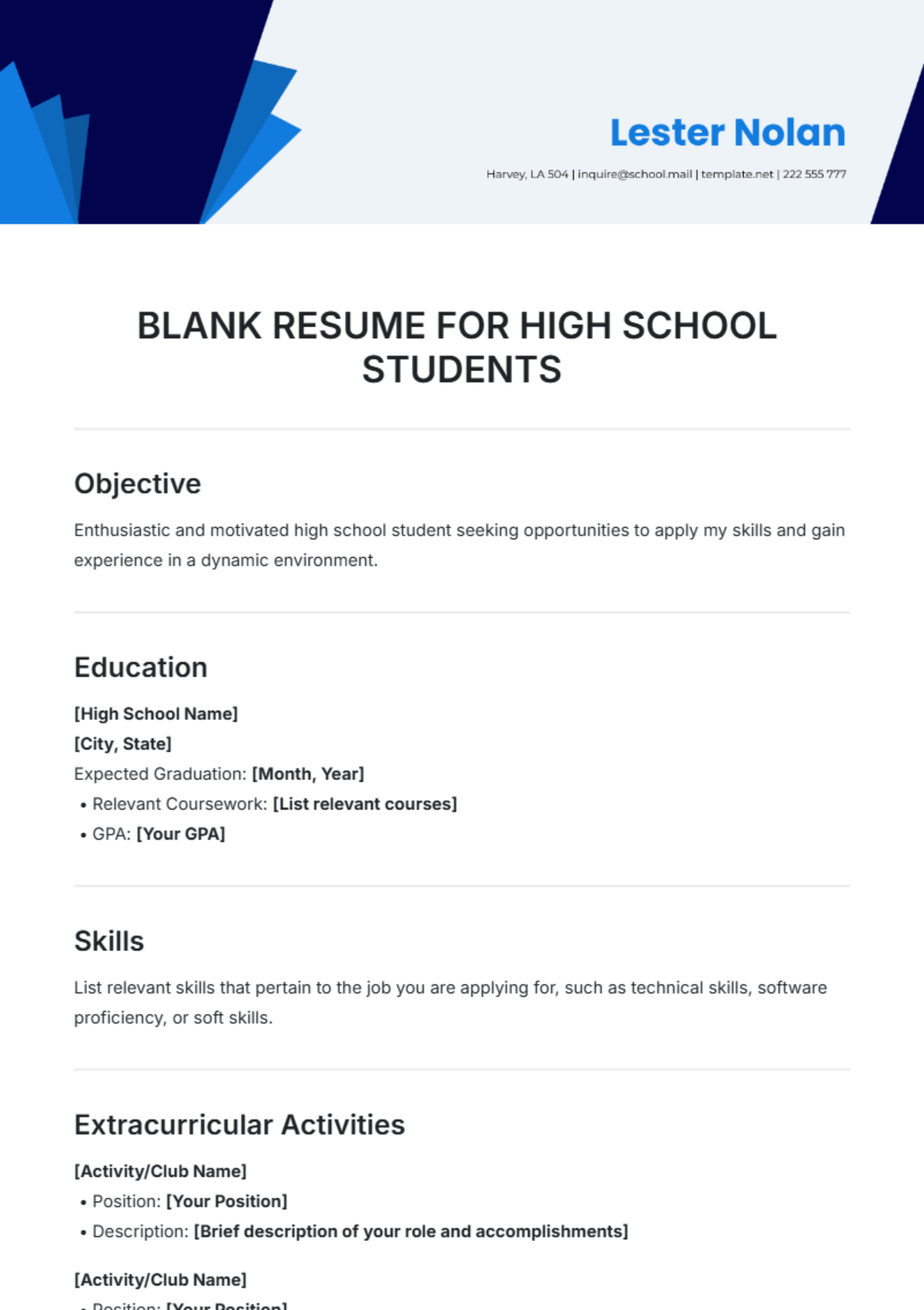 Blank Resume for High School Students Template