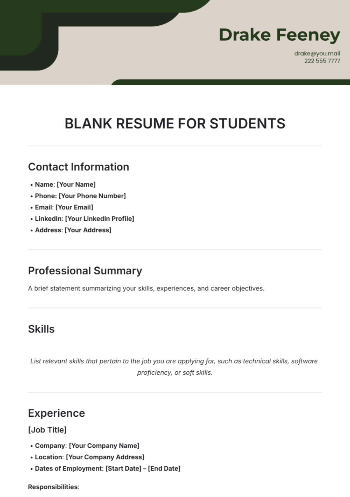 Blank Resume for Students Template