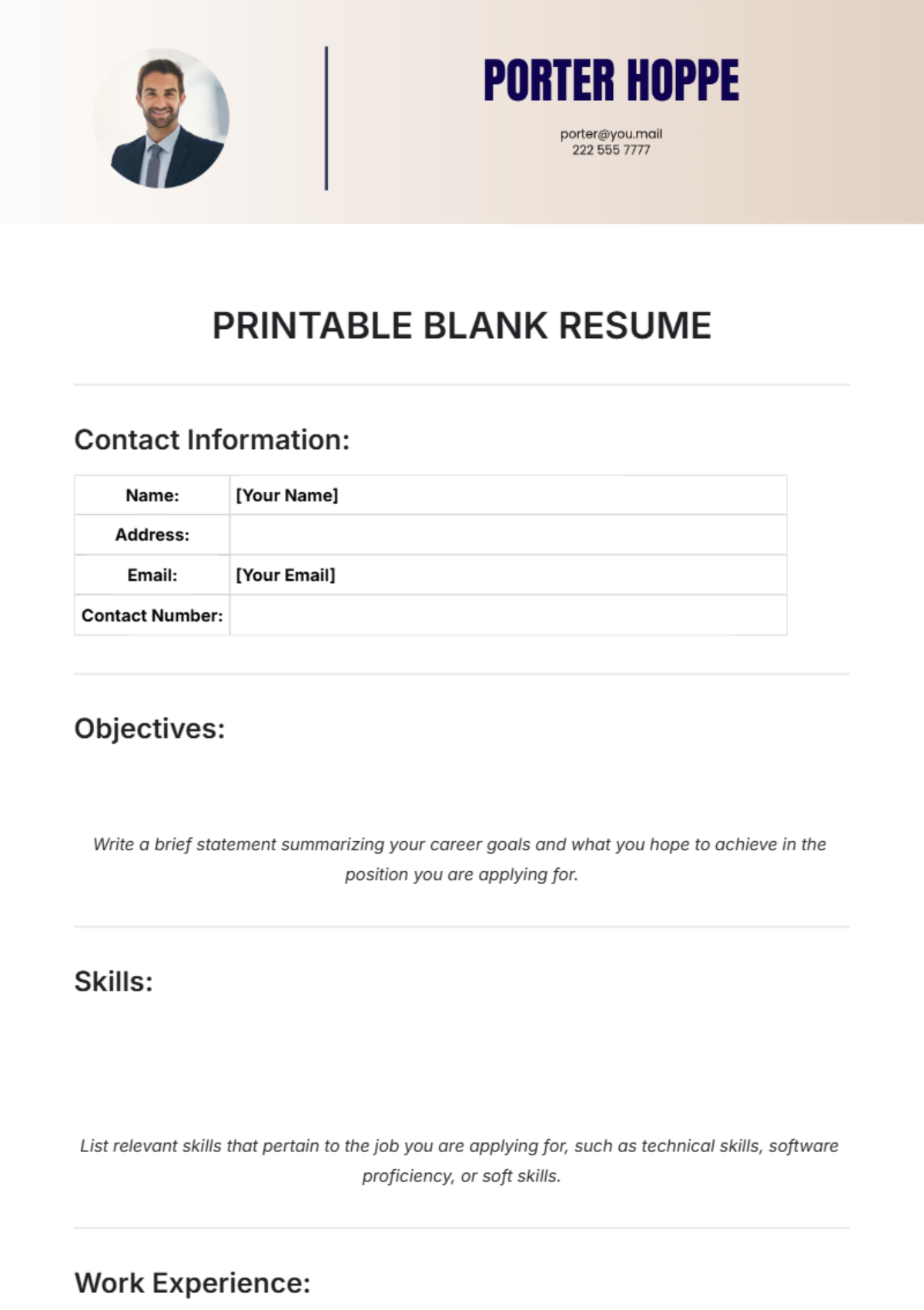 Printable Blank Resume Template