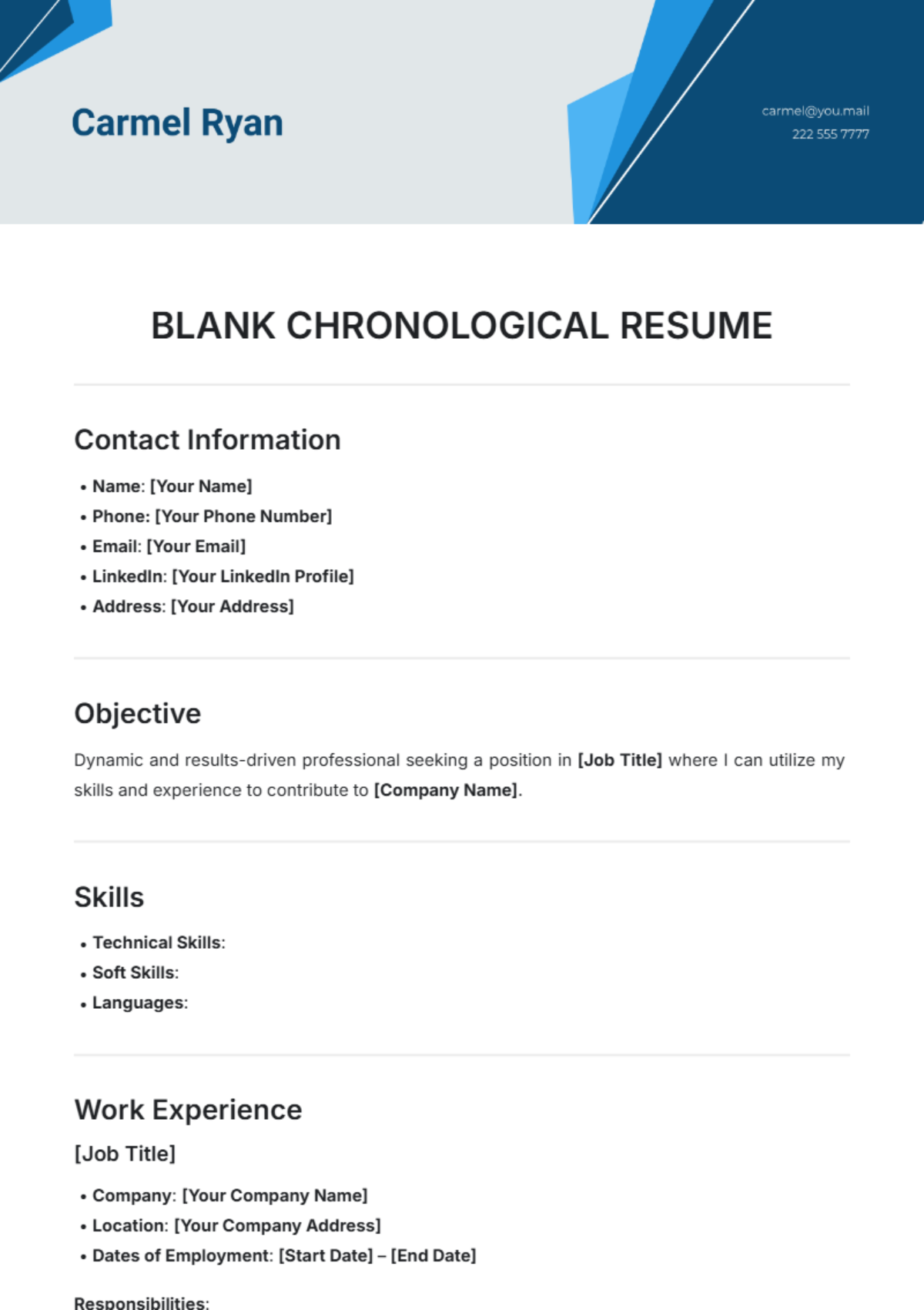 Blank Chronological Resume Template