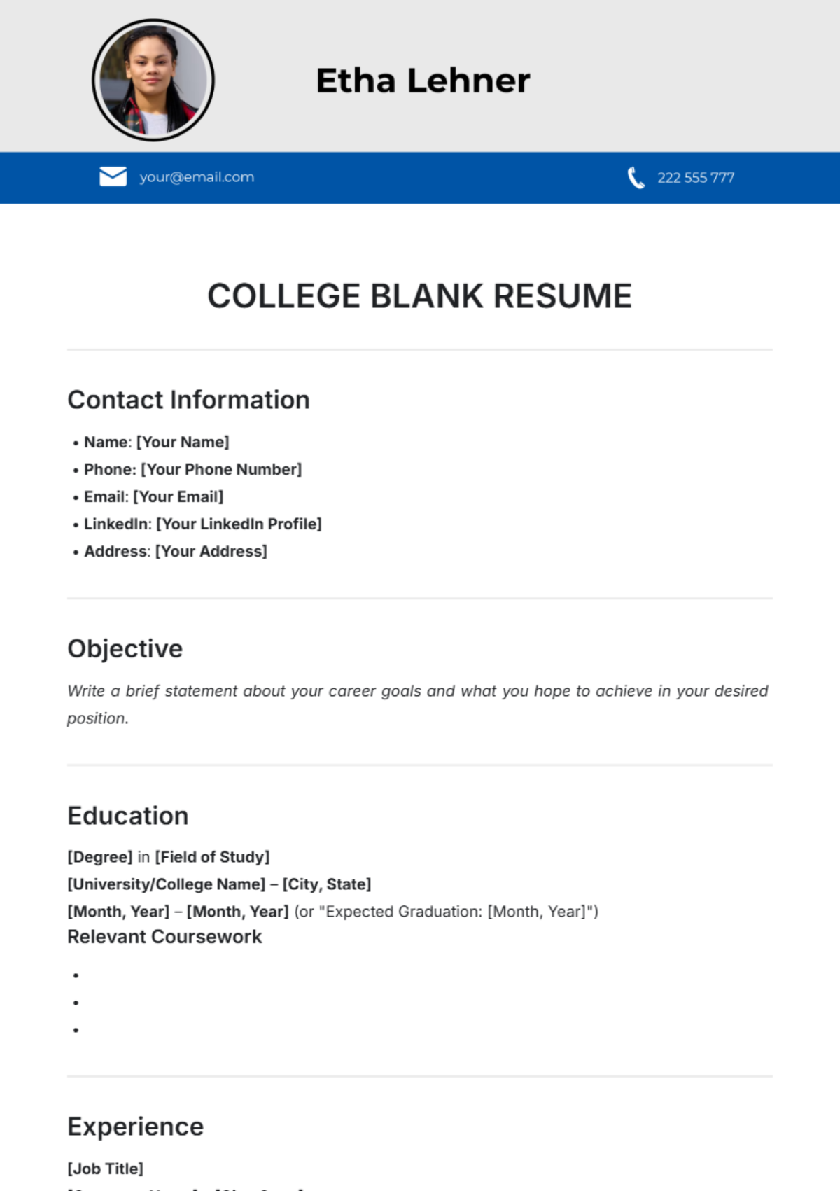 College Blank Resume Template