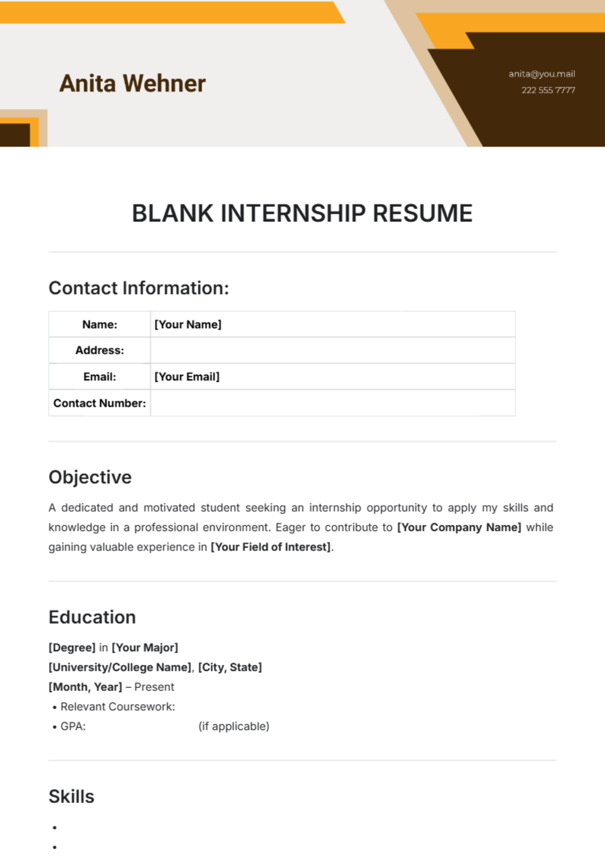 Blank Internship Resume Template