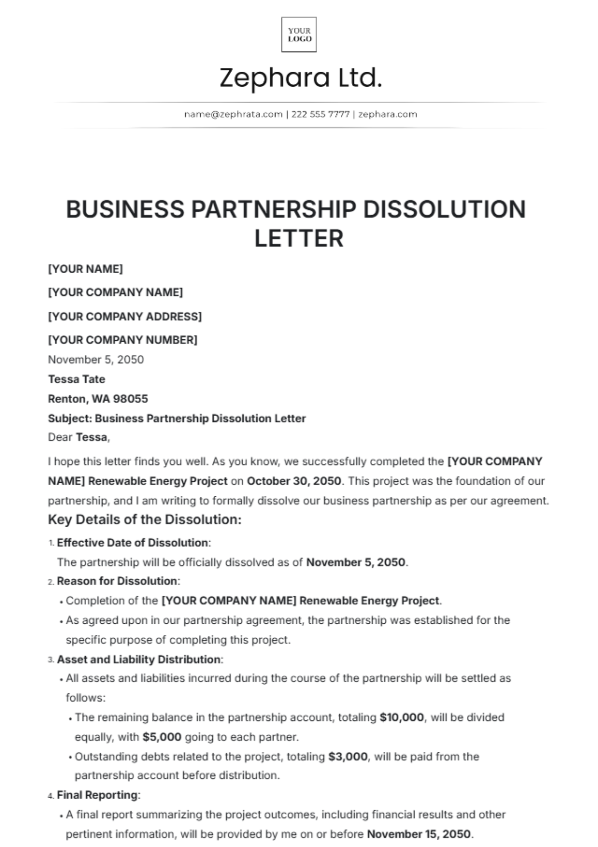 Business Partnership Dissolution Letter Template