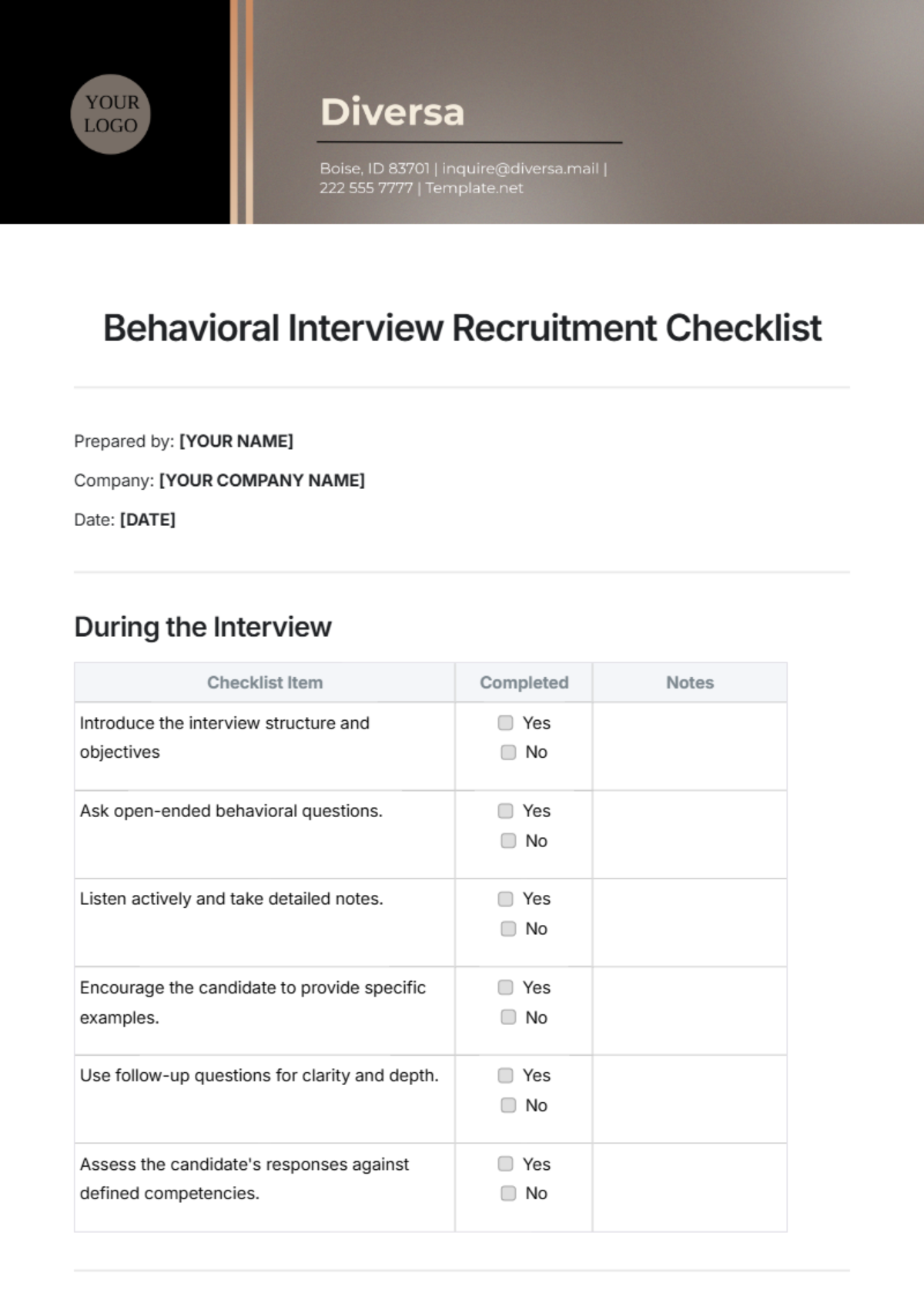 Behavioral Interview Recruitment Checklist Template