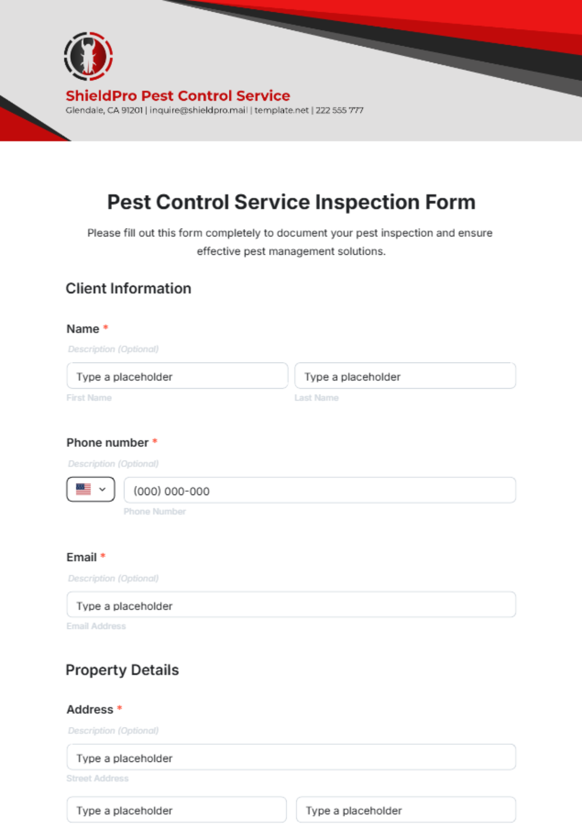 Pest Control Service Inspection Form Template - Edit Online & Download