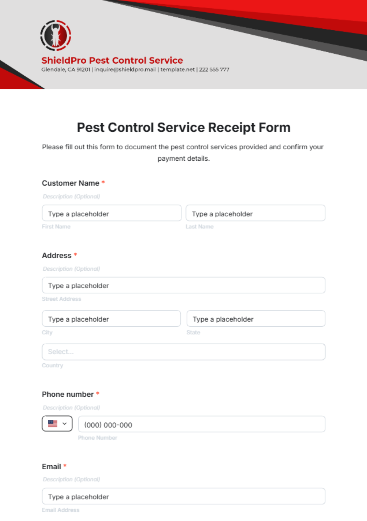 Pest Control Service Receipt Form Template - Edit Online & Download