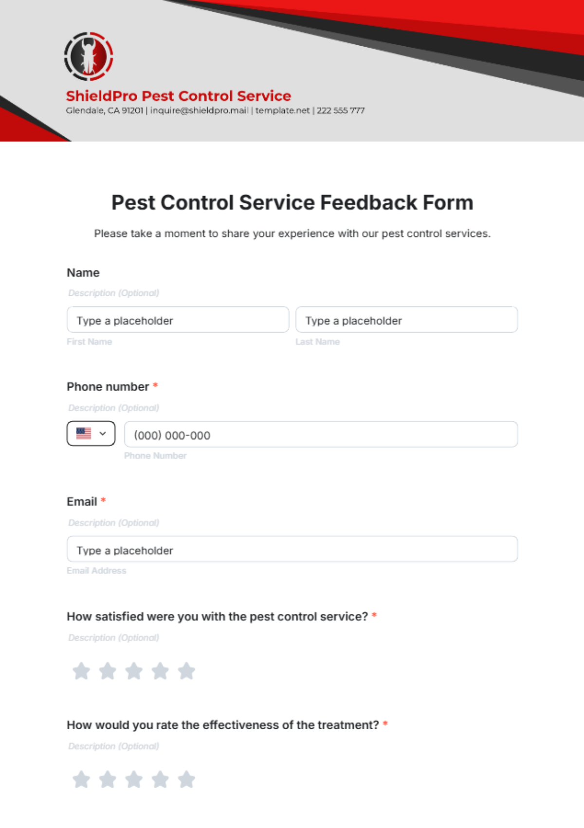 Pest Control Service Feedback Form Template - Edit Online & Download