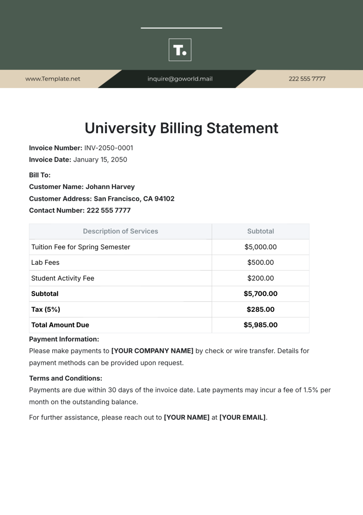 University Billing Statement Template - Edit Online & Download