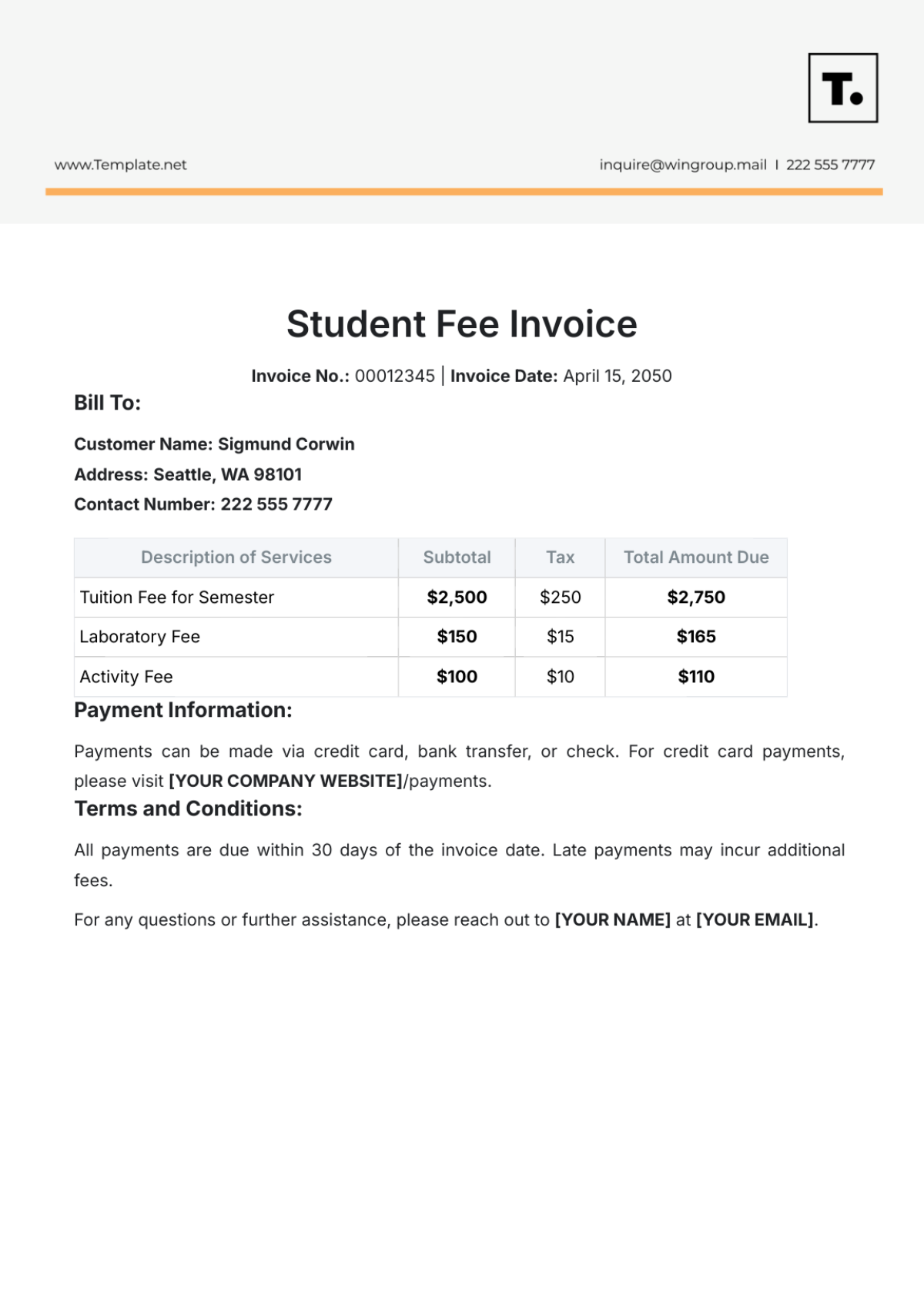 Student Fee Invoice Template - Edit Online & Download